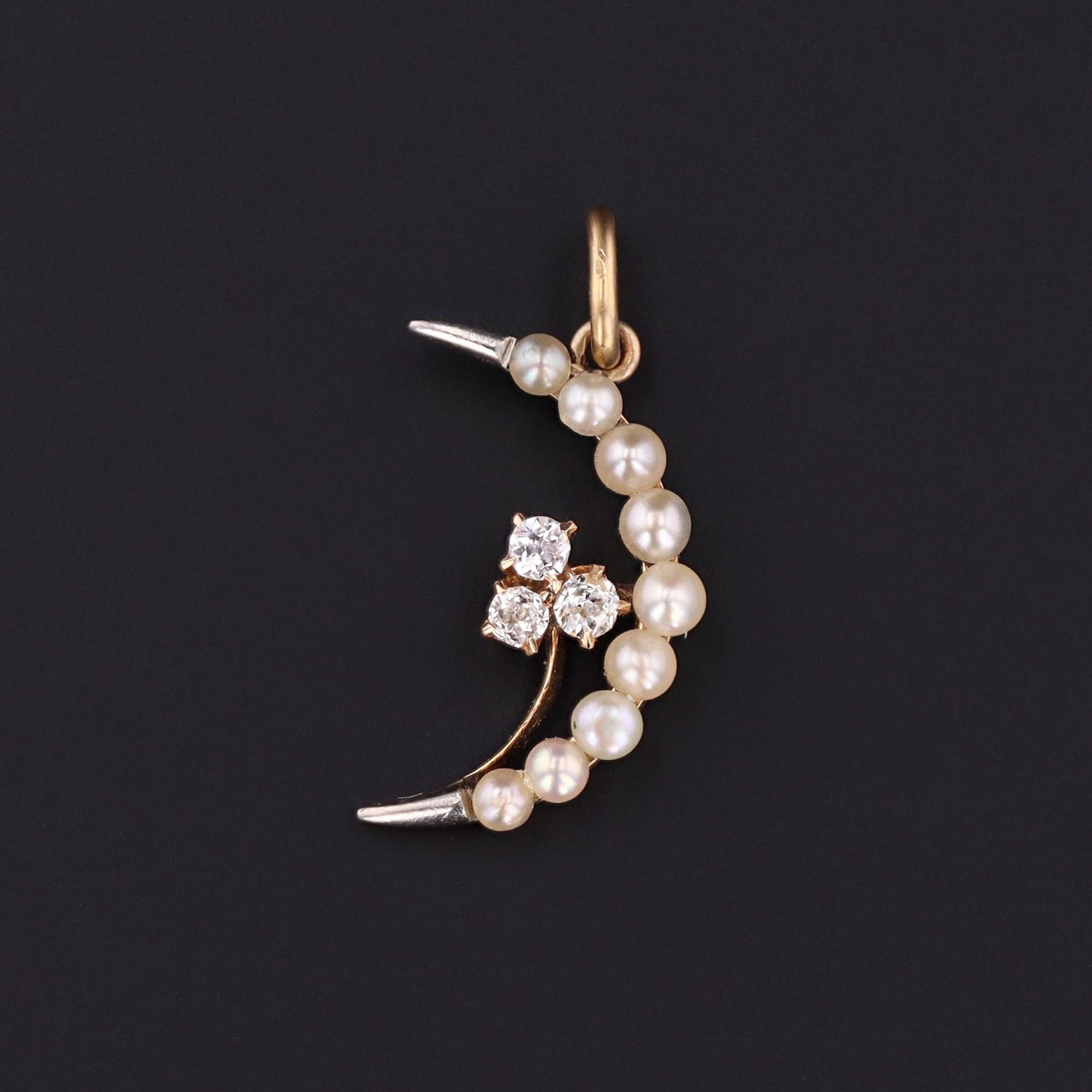 Antique Crescent Moon Charm | Pearl and Diamond Crescent Charm 