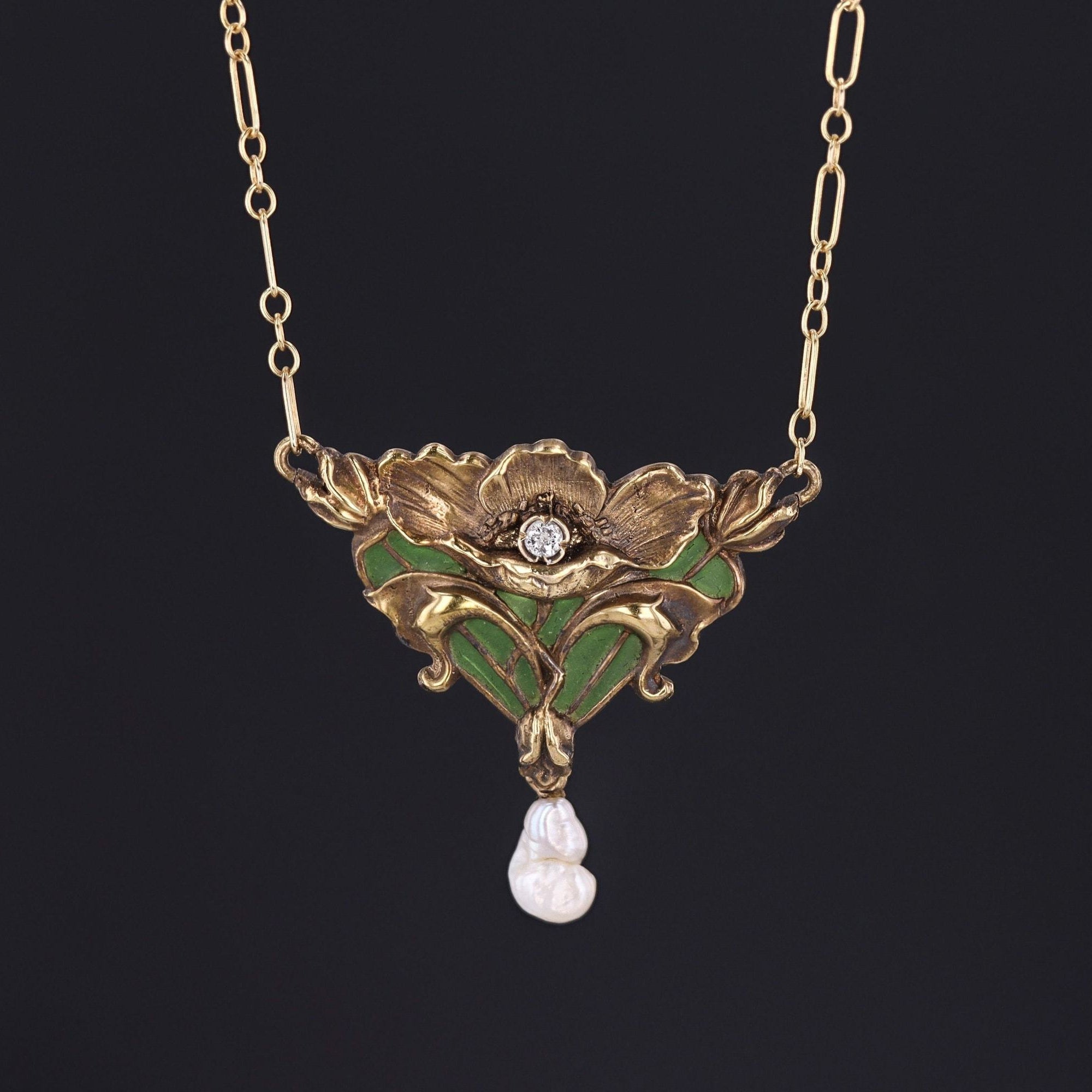 Plique-a-Jour Enamel Flower Necklace | Antique 14k Gold Necklace 