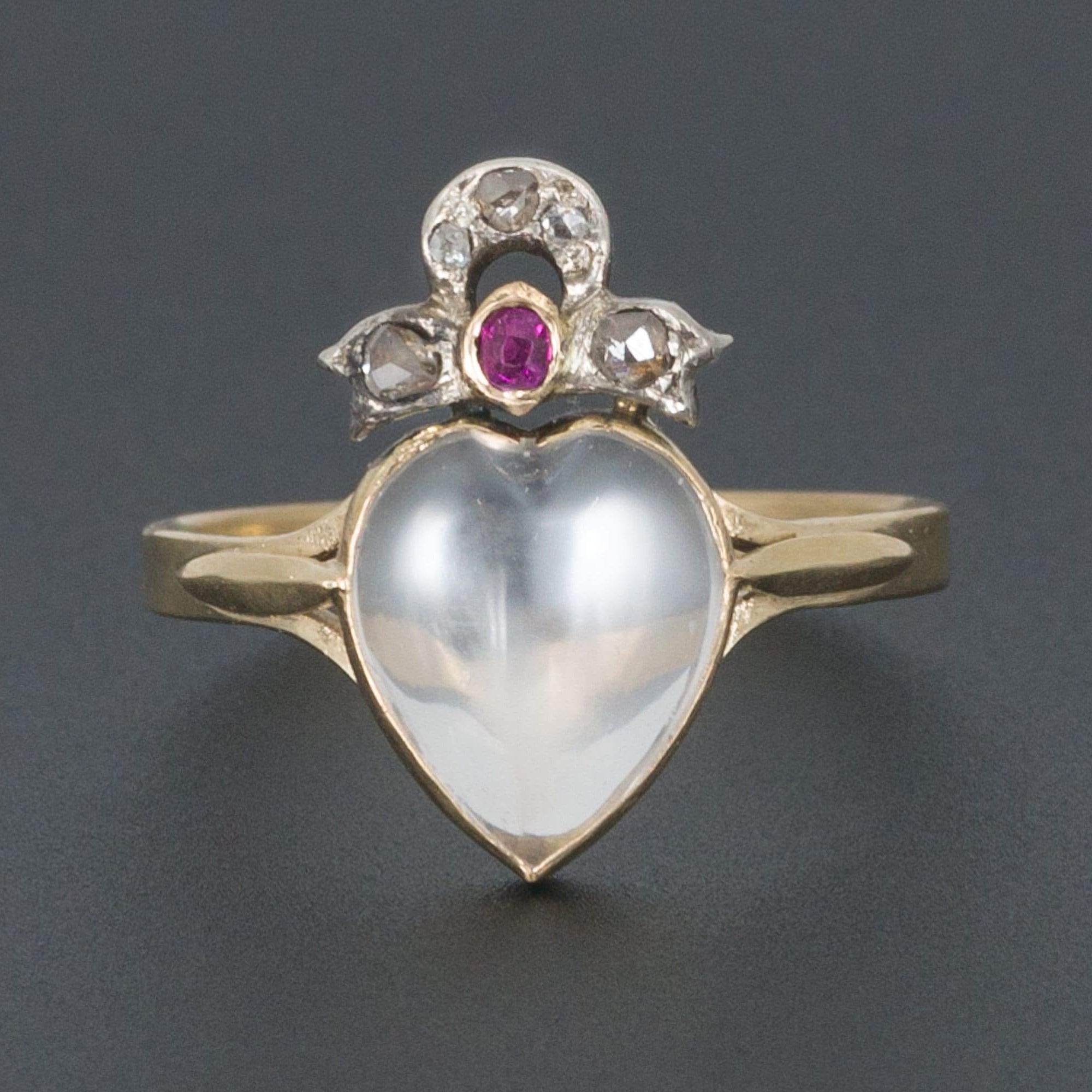 Antique Moonstone Heart Ring | Moonstone Diamond & Ruby Ring 