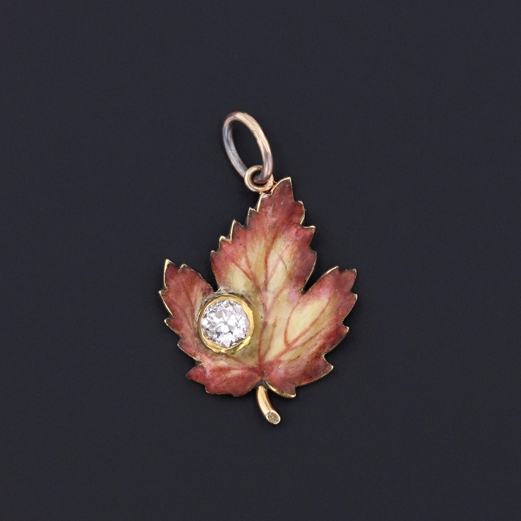 Enamel Leaf Charm With Diamond | Antique Enamel Charm 