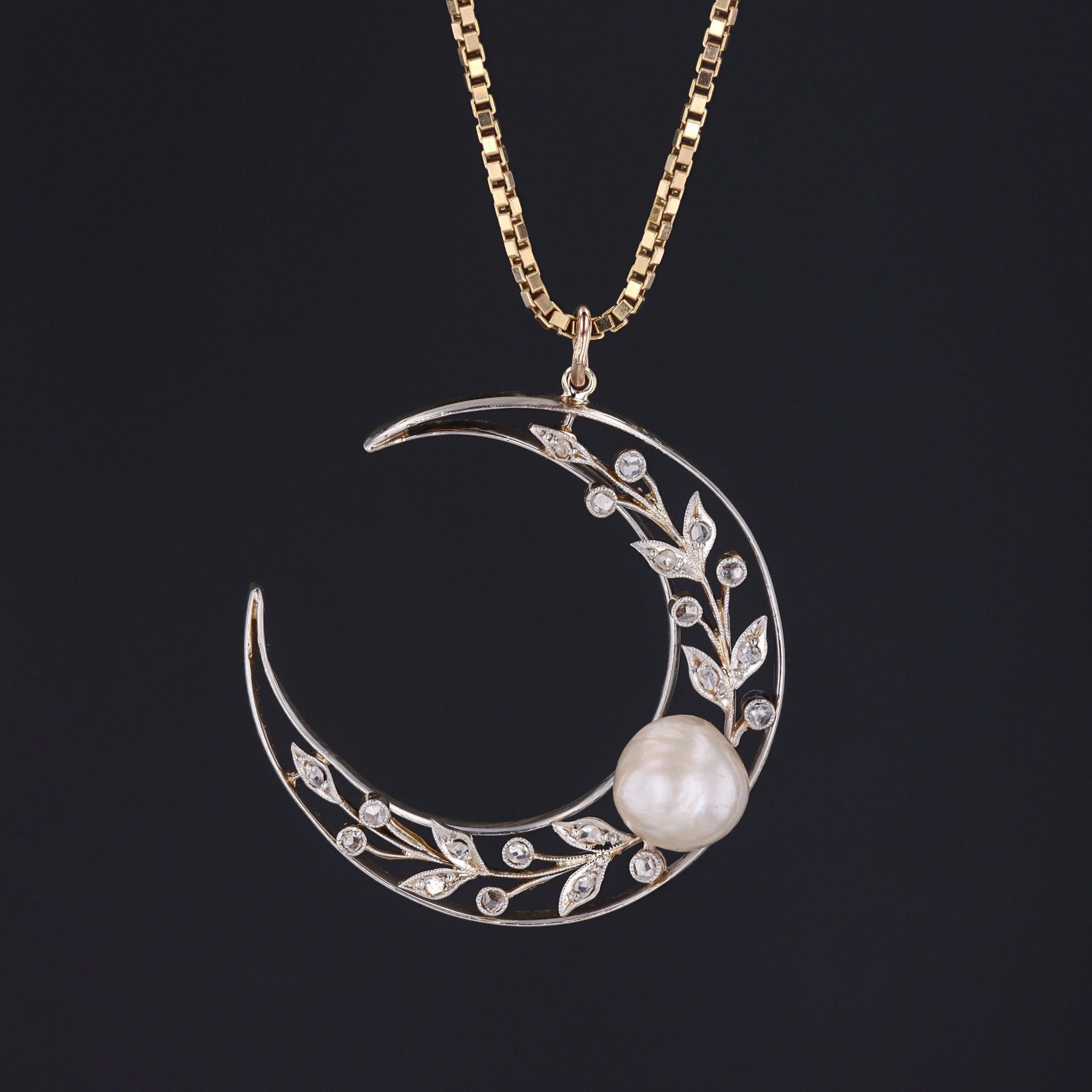 Crescent Moon Pendant | Antique Pearl & Diamond Crescent 