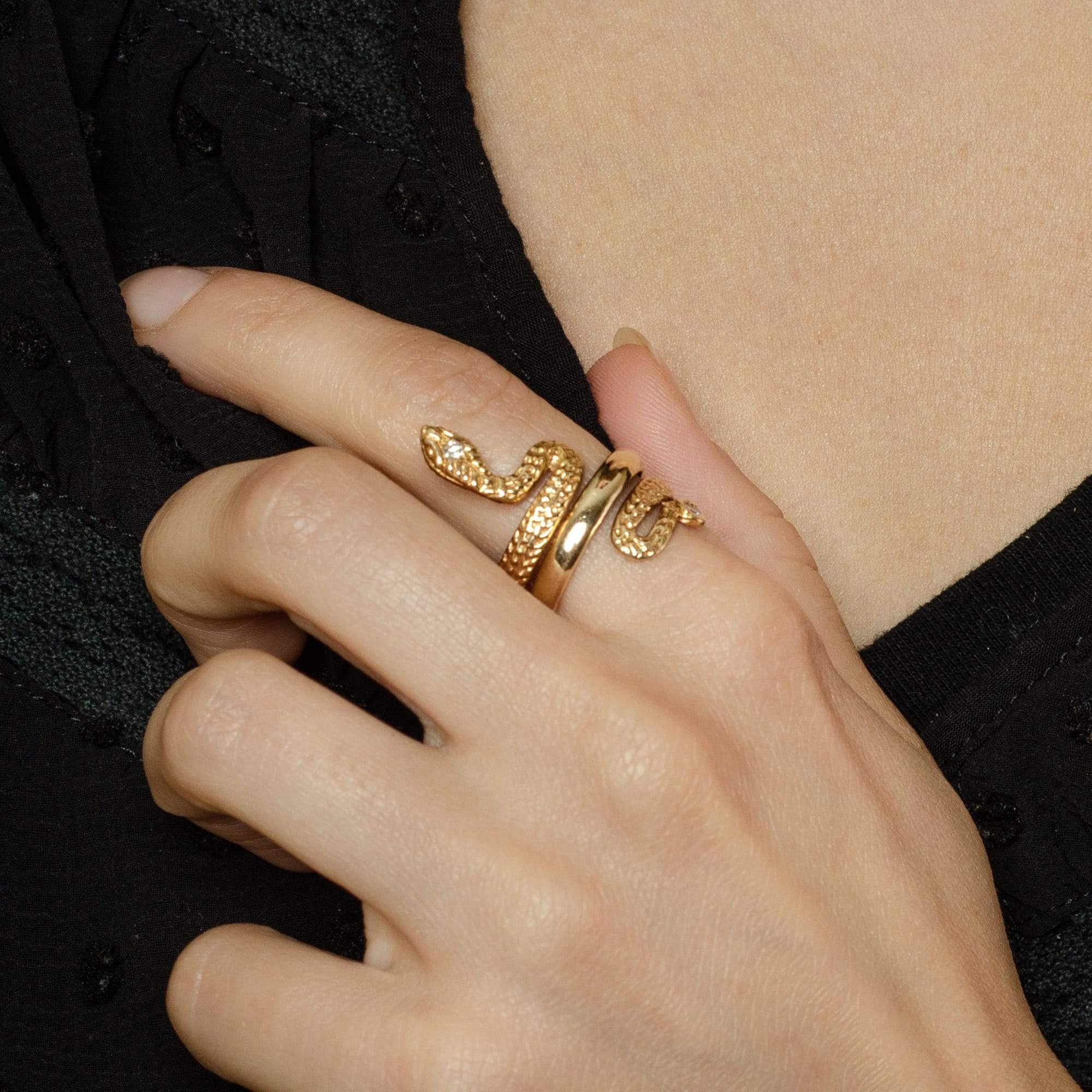 14k Gold Snake With Diamond Head Ring | Vintage 14k Gold Snake Ring 