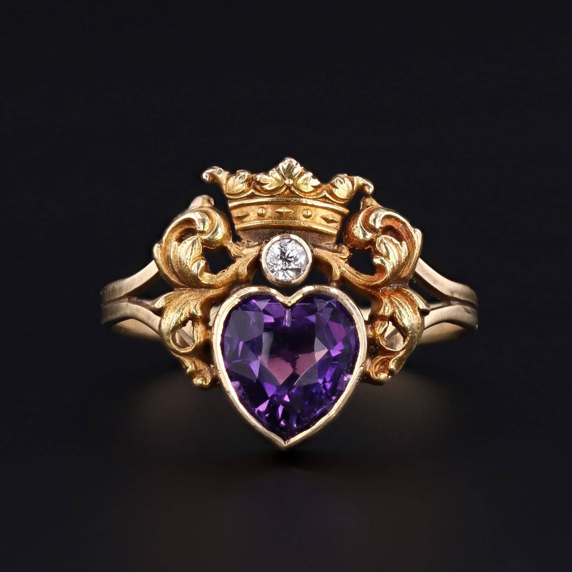 14k Gold Amethyst & Pearl Heart Ring | Antique Pin Conversion Ring 
