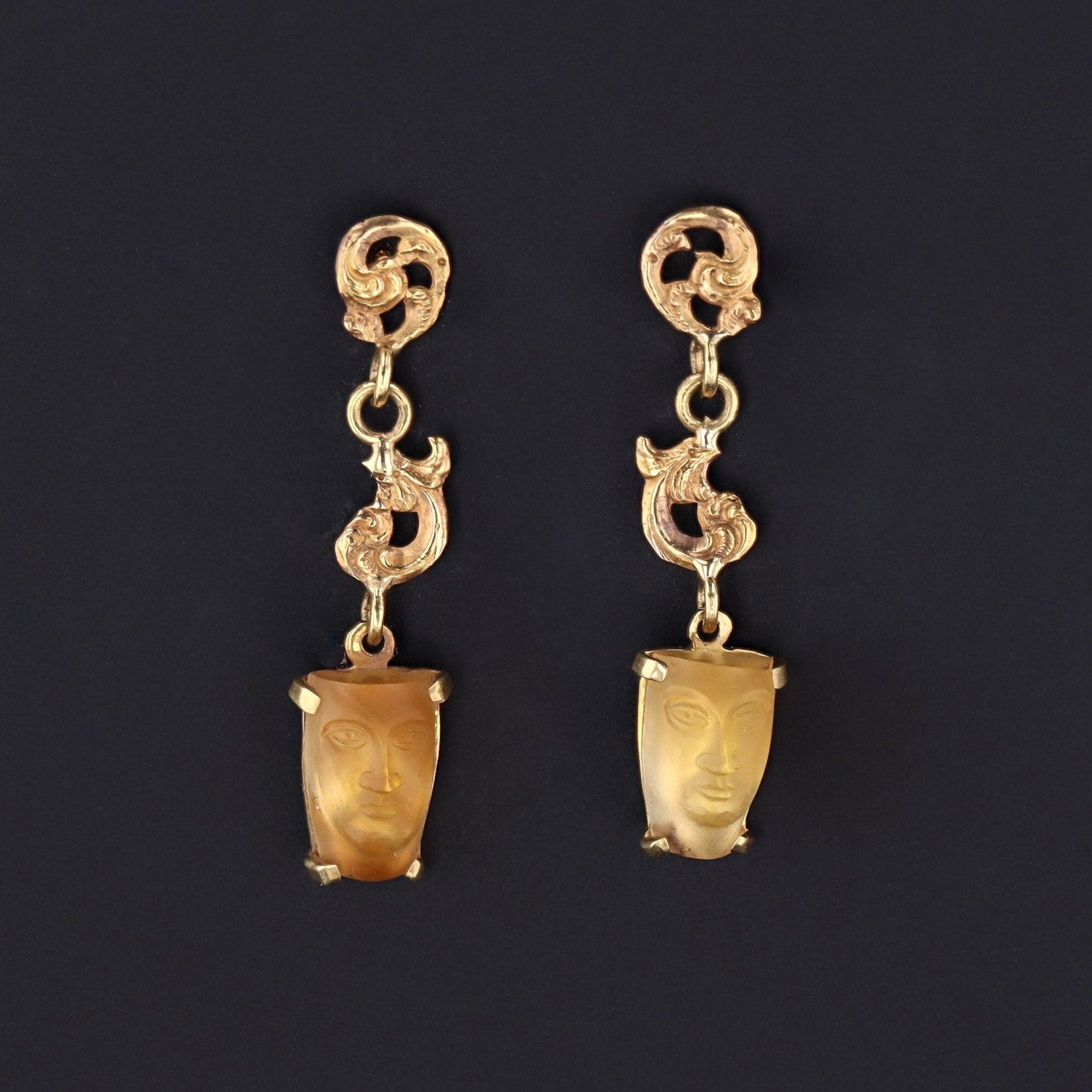 Carved Citrine Face Earrings | 14k Gold Earrings 