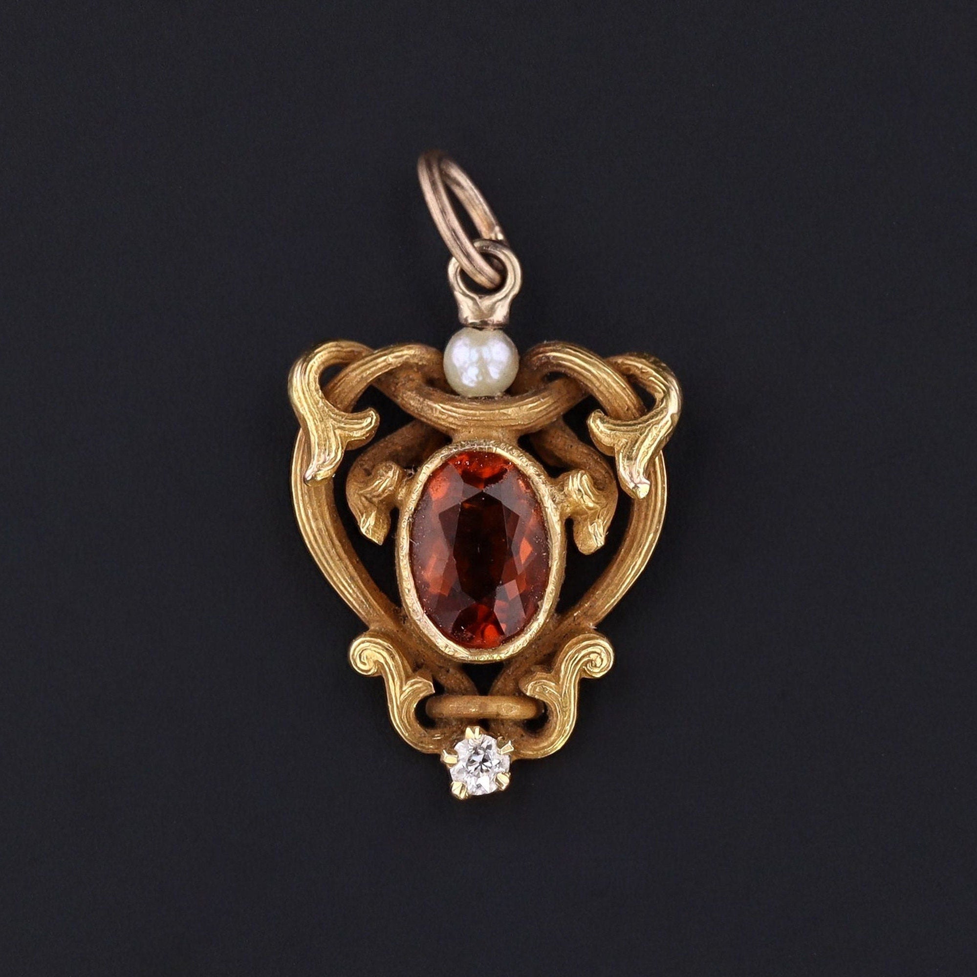 Antique Citrine Pearl & Diamond Charm | 14k Gold Charm 