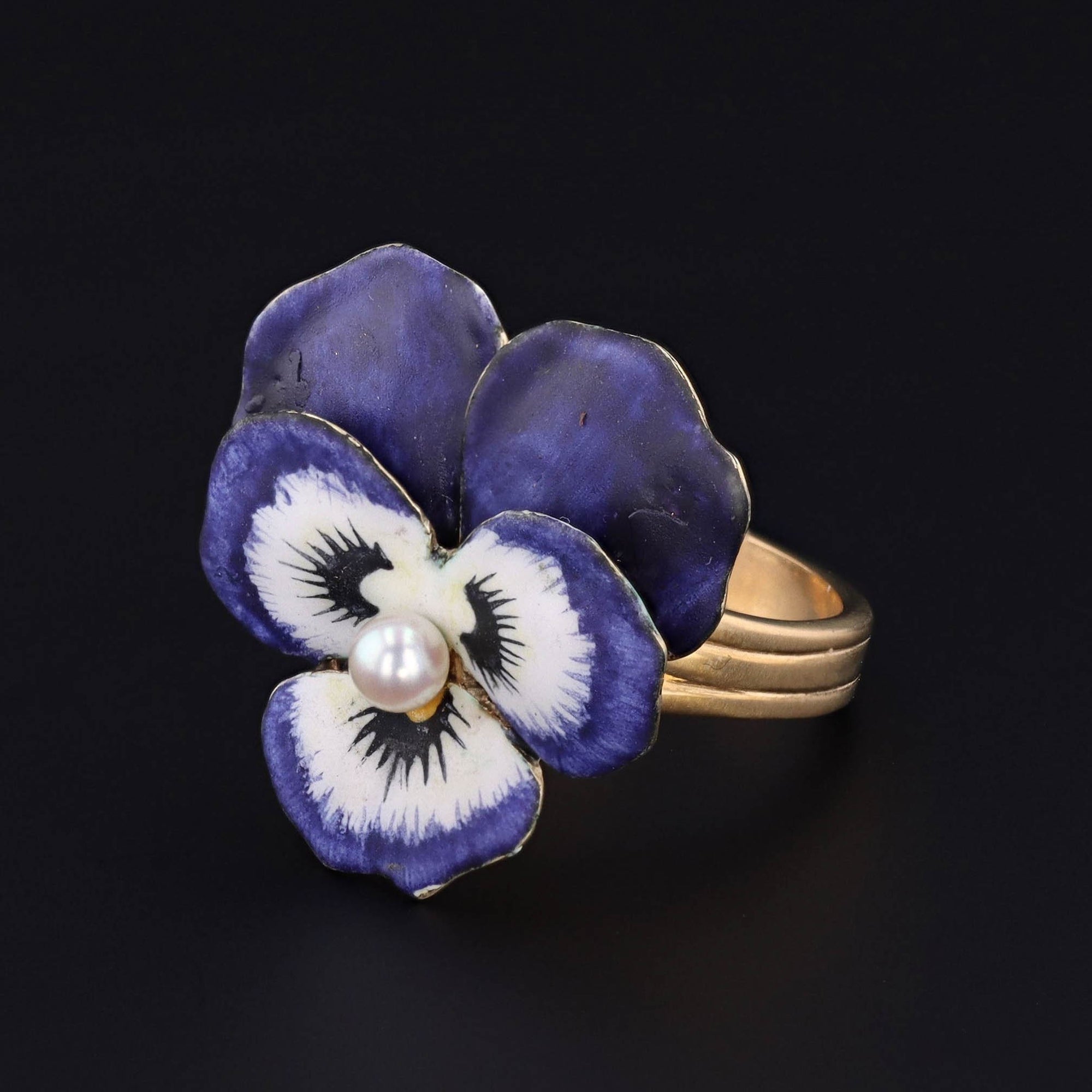Enamel Pansy Ring | Vintage Enamel Pansy Ring with Pearl 
