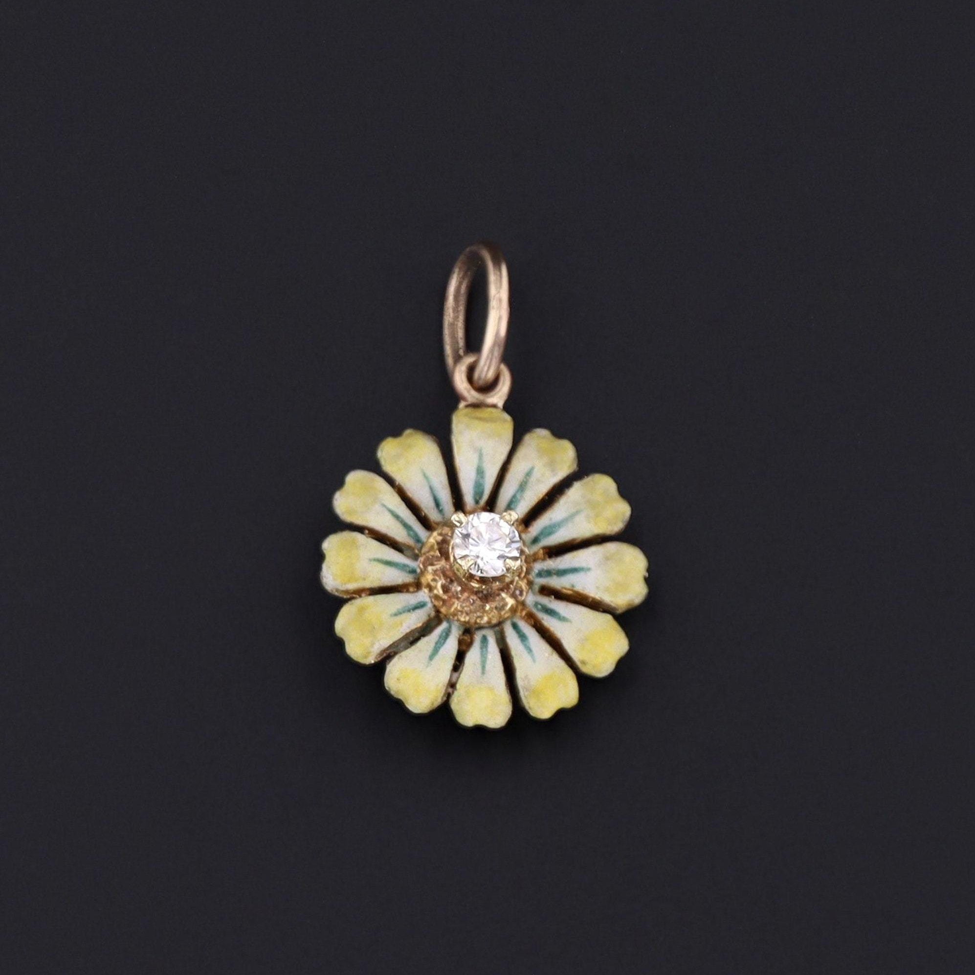 Antique Enamel Flower Charm | 14k Gold Daisy Charm 