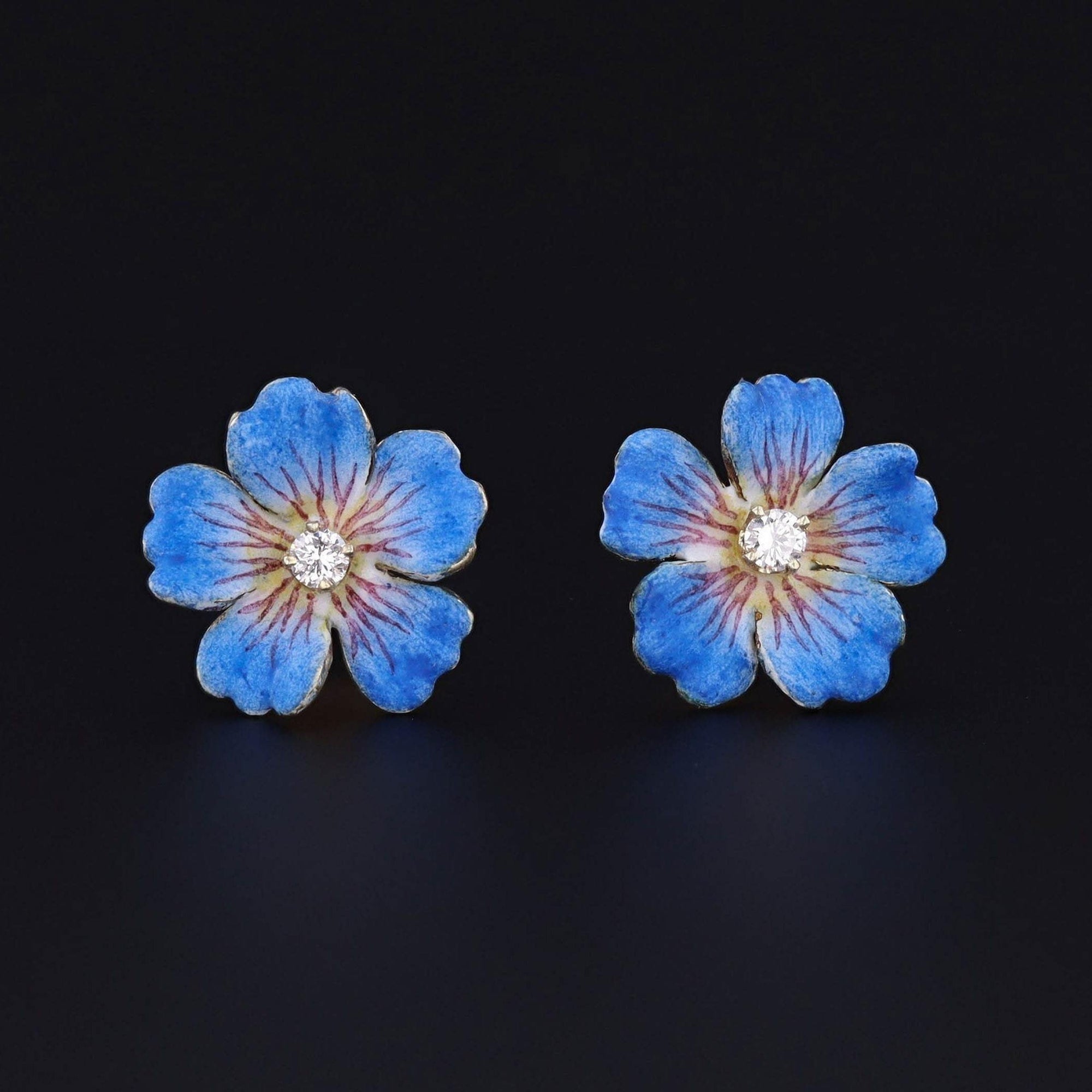 Vintage Blue Flower Earrings | 14k Gold & Enamel Flower Earrings 