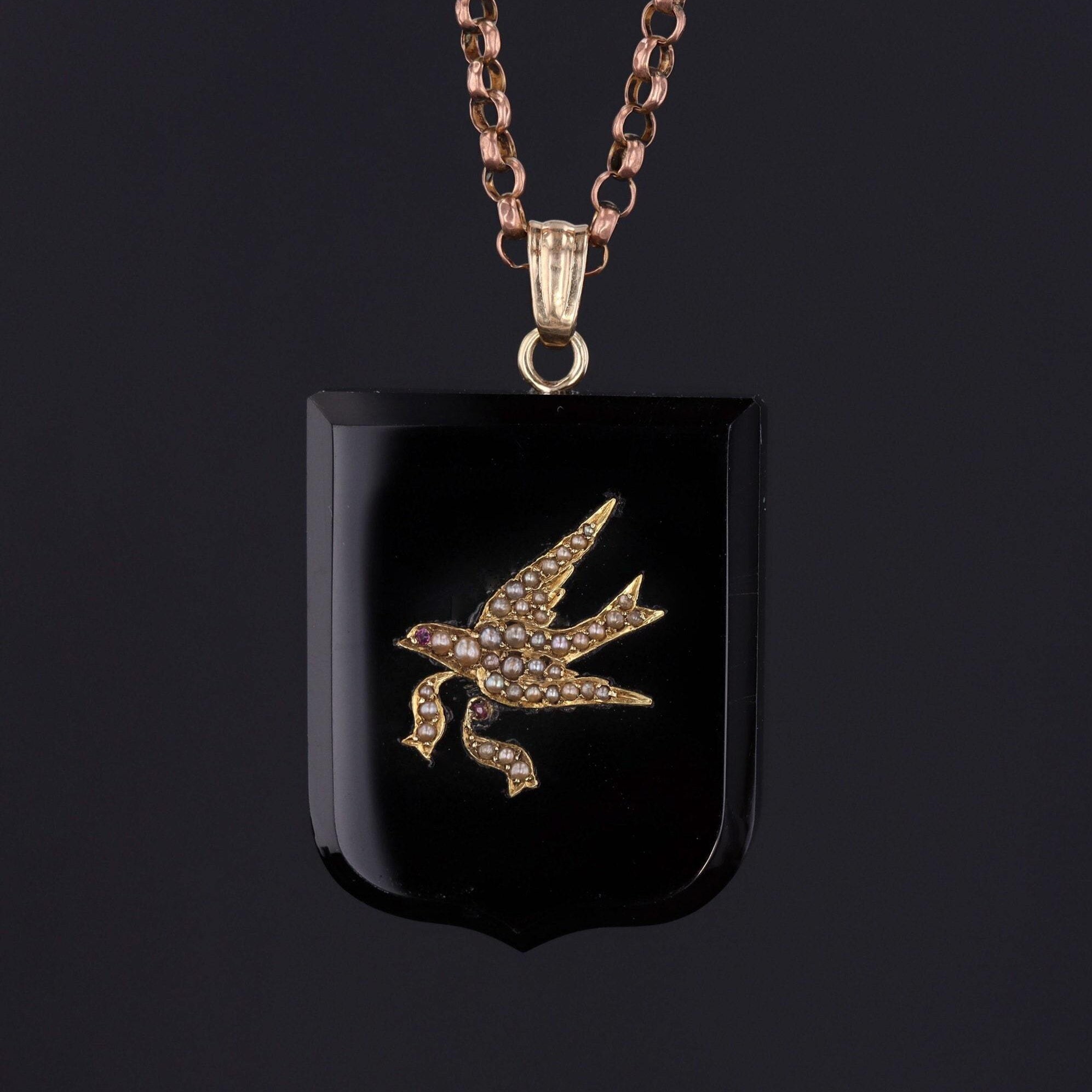 Antique Onyx & Pearl Bird Pendant | Antique Onyx Pendant 