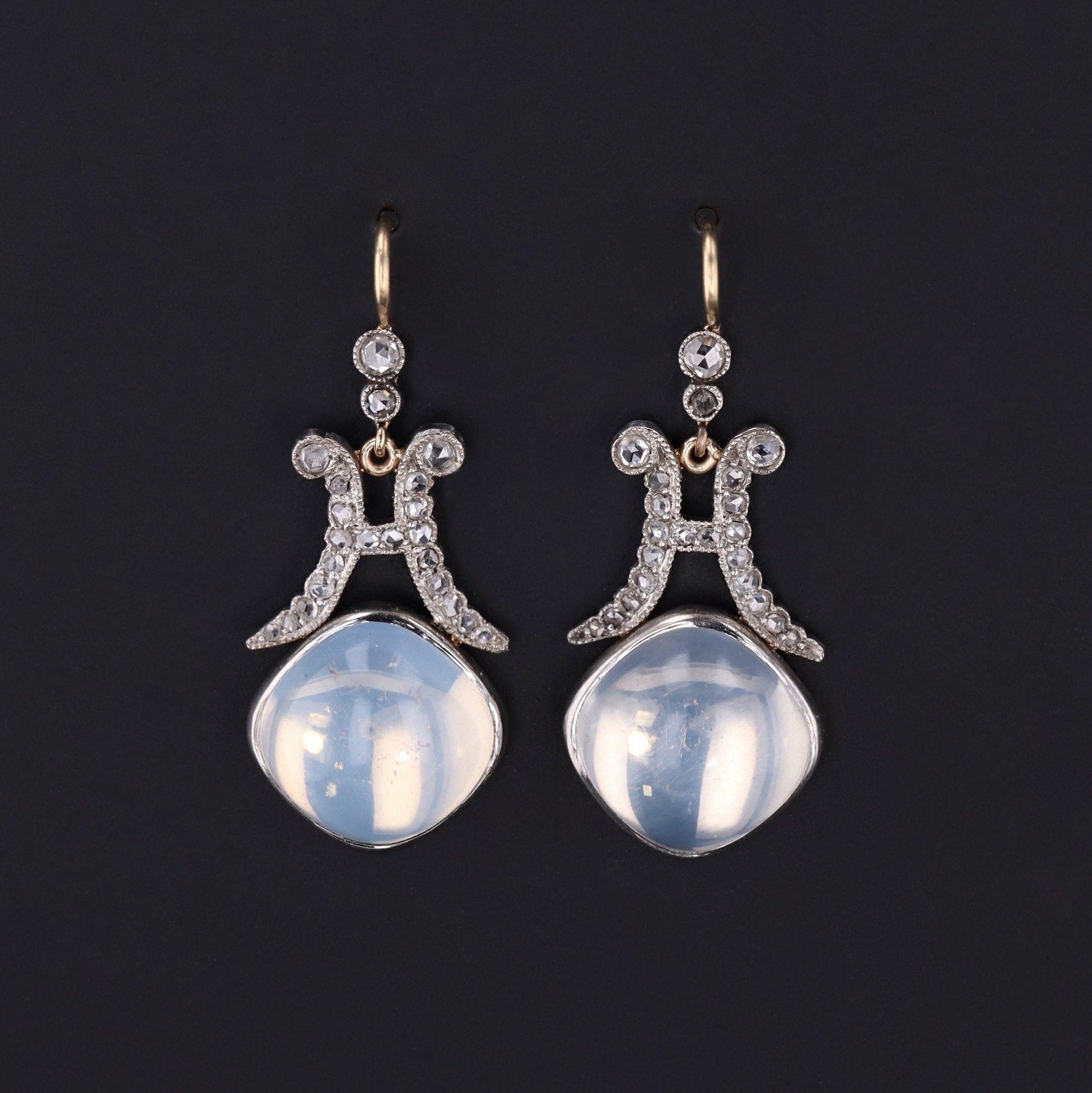 Moonstone Earrings | 14k Gold Platinum & Diamond Moonstone Earrings 