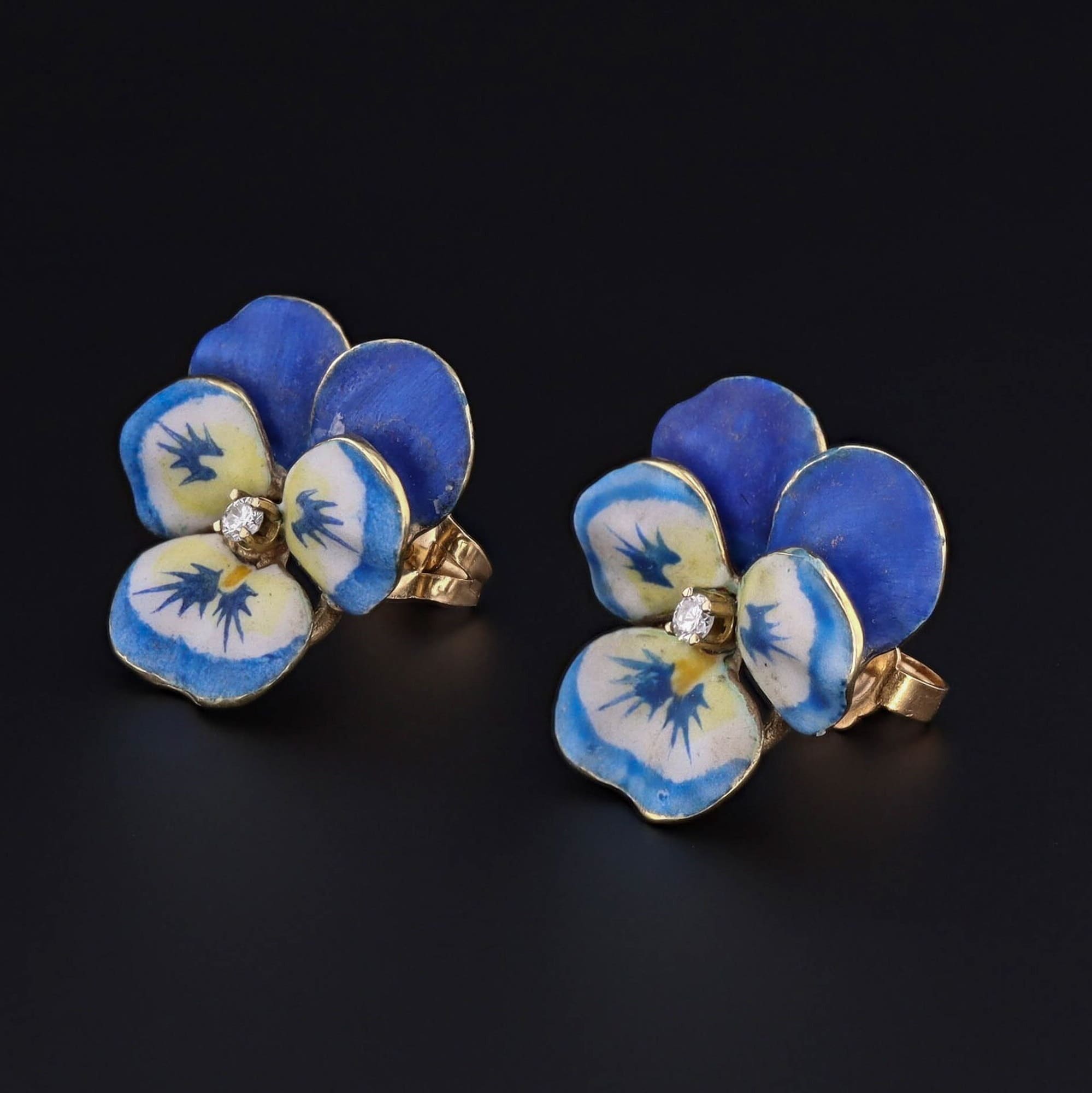 Blue Enamel Flower Earrings  14k Gold, Diamond & Enamel - Trademark  Antiques