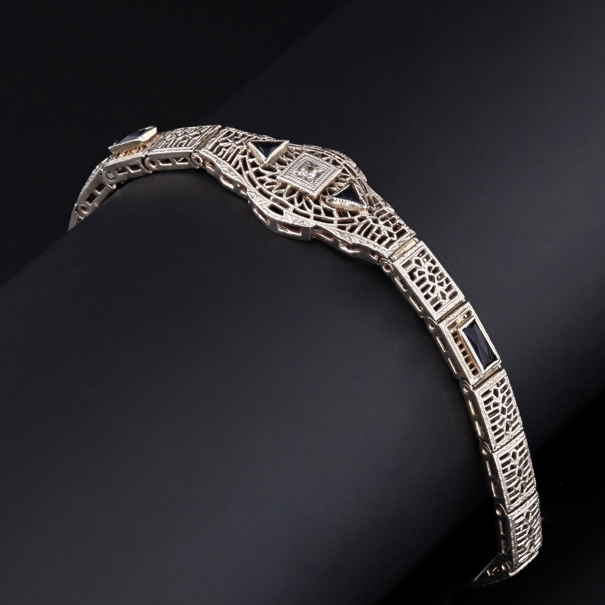 Art Deco Bracelet | 10k White Gold Diamond Filigree Bracelet 