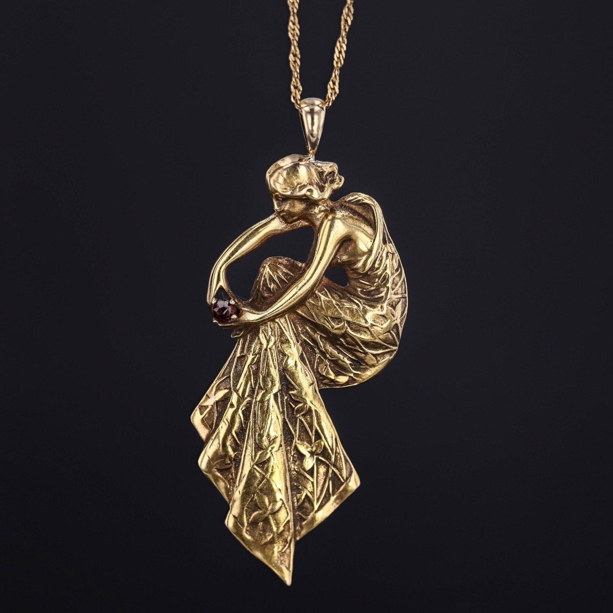 Art Nouveau Style Pendant | Woman with Garnet Pendant 