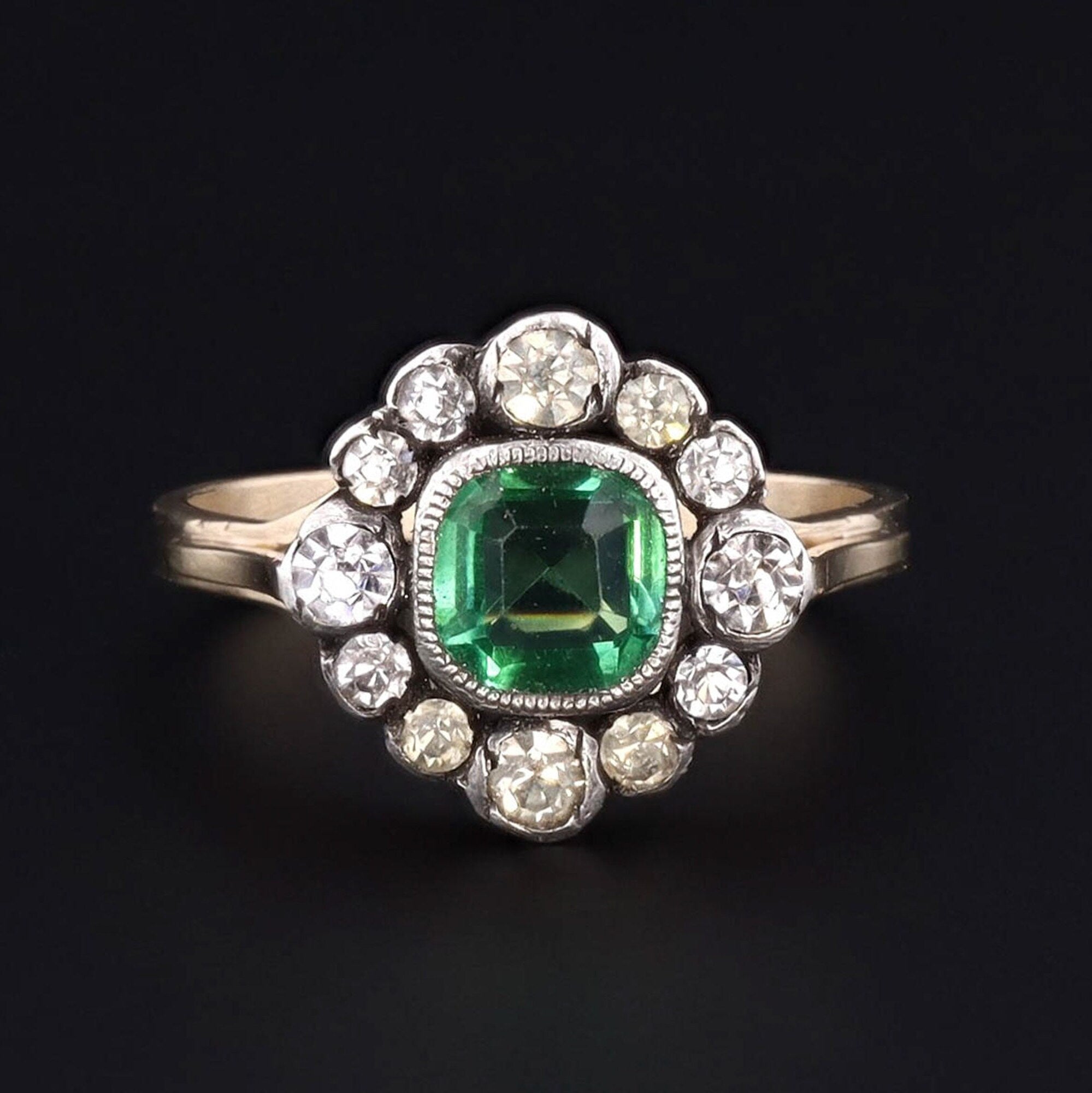 14k Gold Emerald Green Paste Ring | Antique Paste Ring 