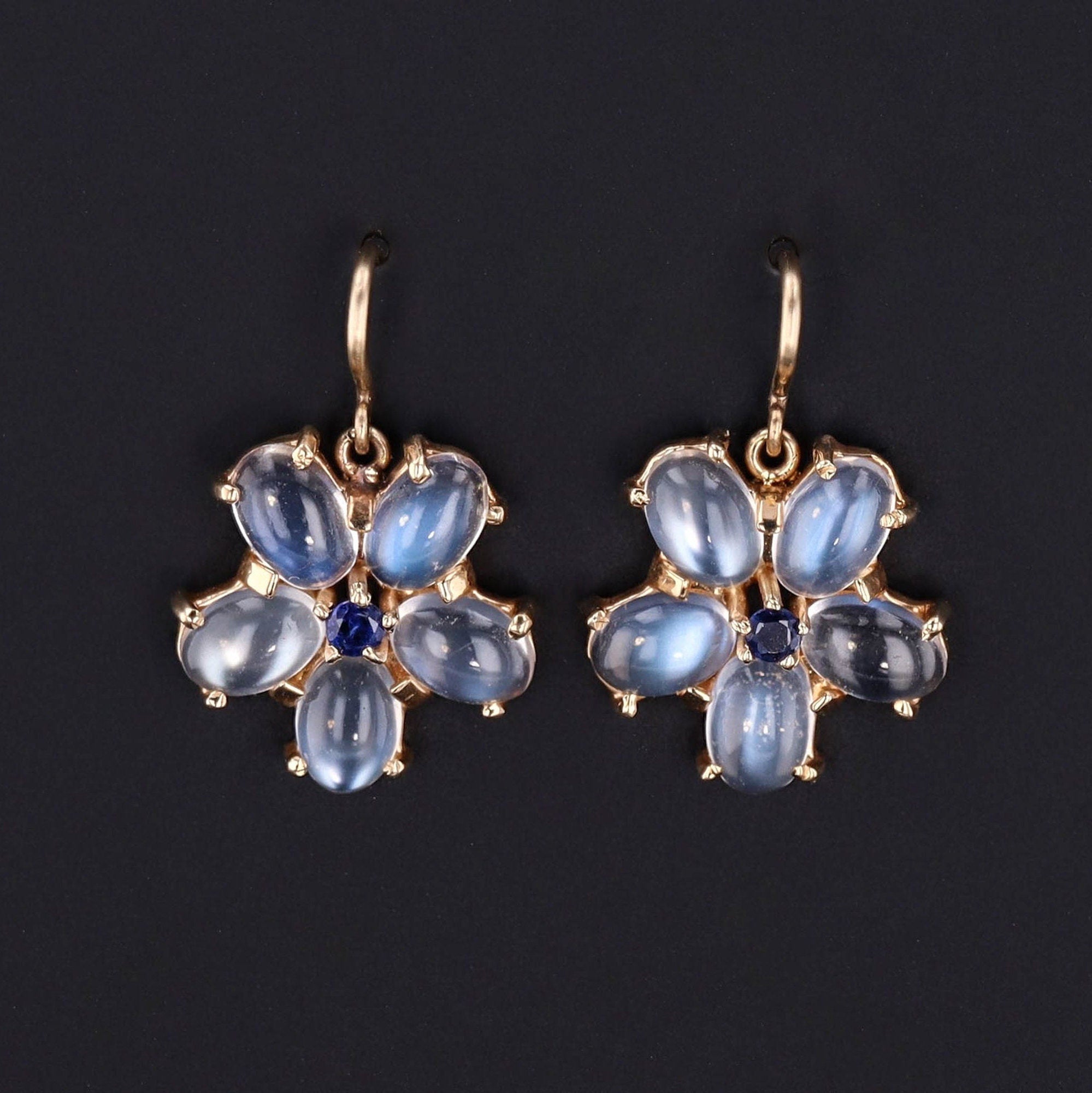 Moonstone Flower With Sapphire Earrings | 14k Gold Moonstone Earrings 