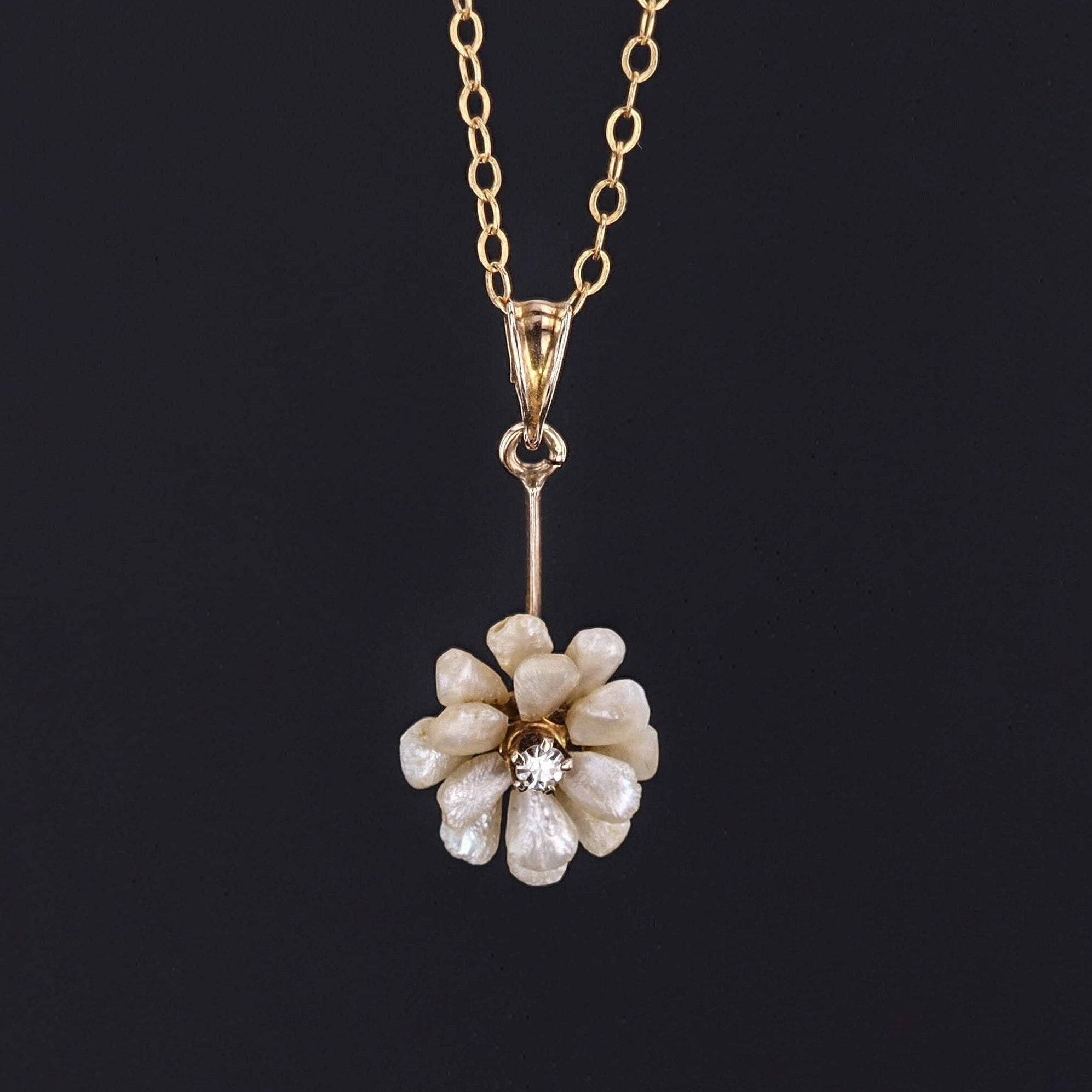 Pearl & Diamond Flower Pendant | Antique Flower Pendant 