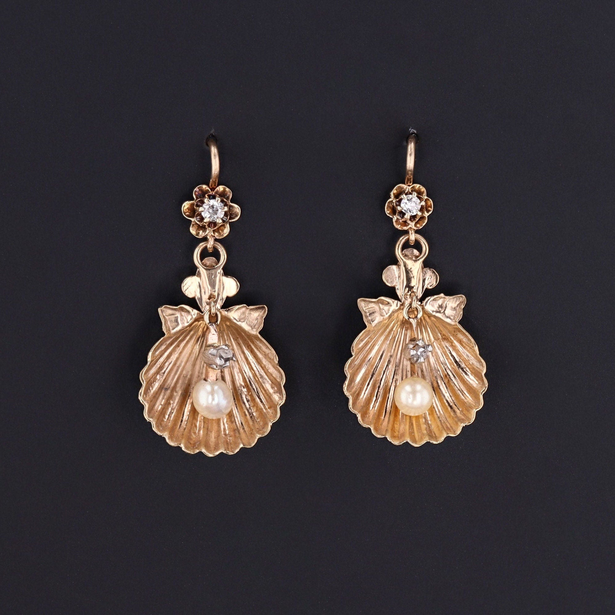 Antique Shell Earrings | 14k Gold Diamond & Pearl Earrings 