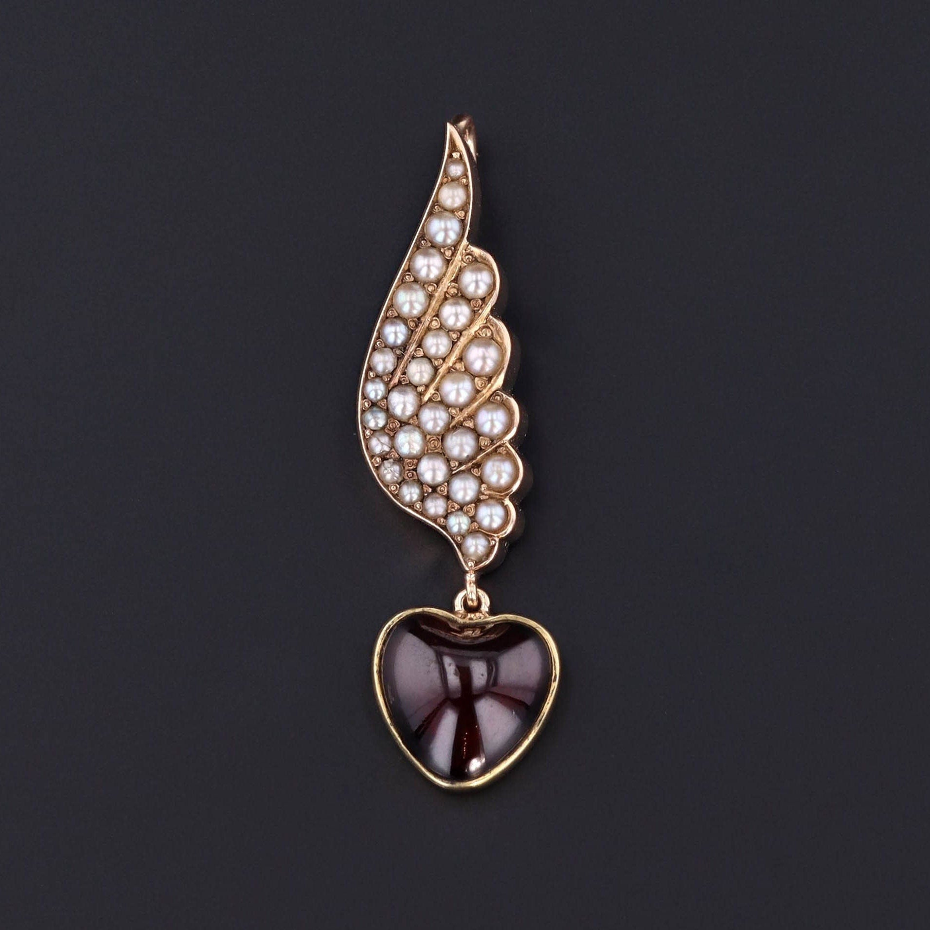 Pearl Wing with Garnet Heart | Antique Pin Conversion Pendant 