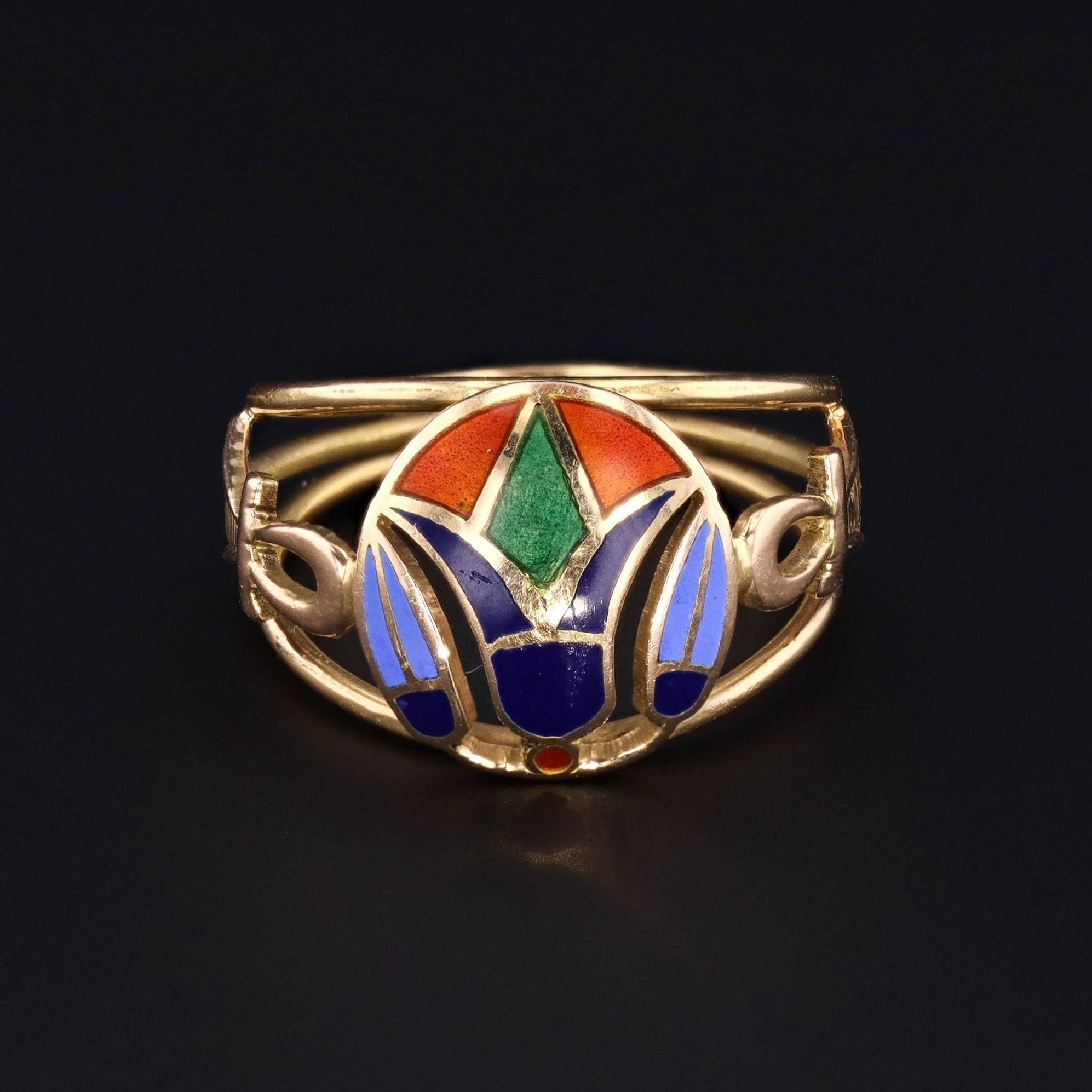 18k Gold Egyptian Ring | Antique Gold & Enamel Lotus Flower and Ankh Ring 