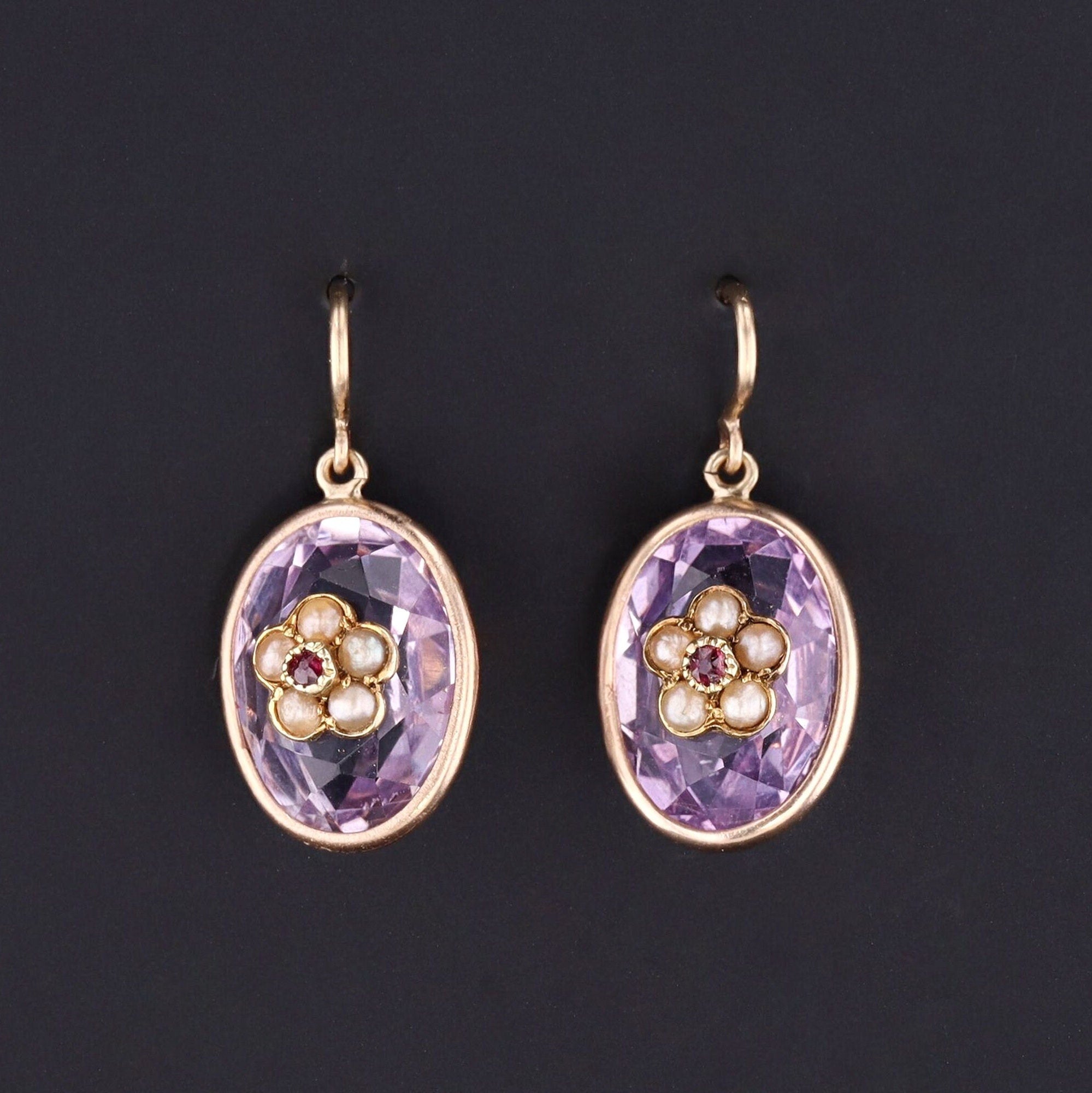 Amethyst Flower Earrings | Antique Amethyst & Diamond Flower Earrings 