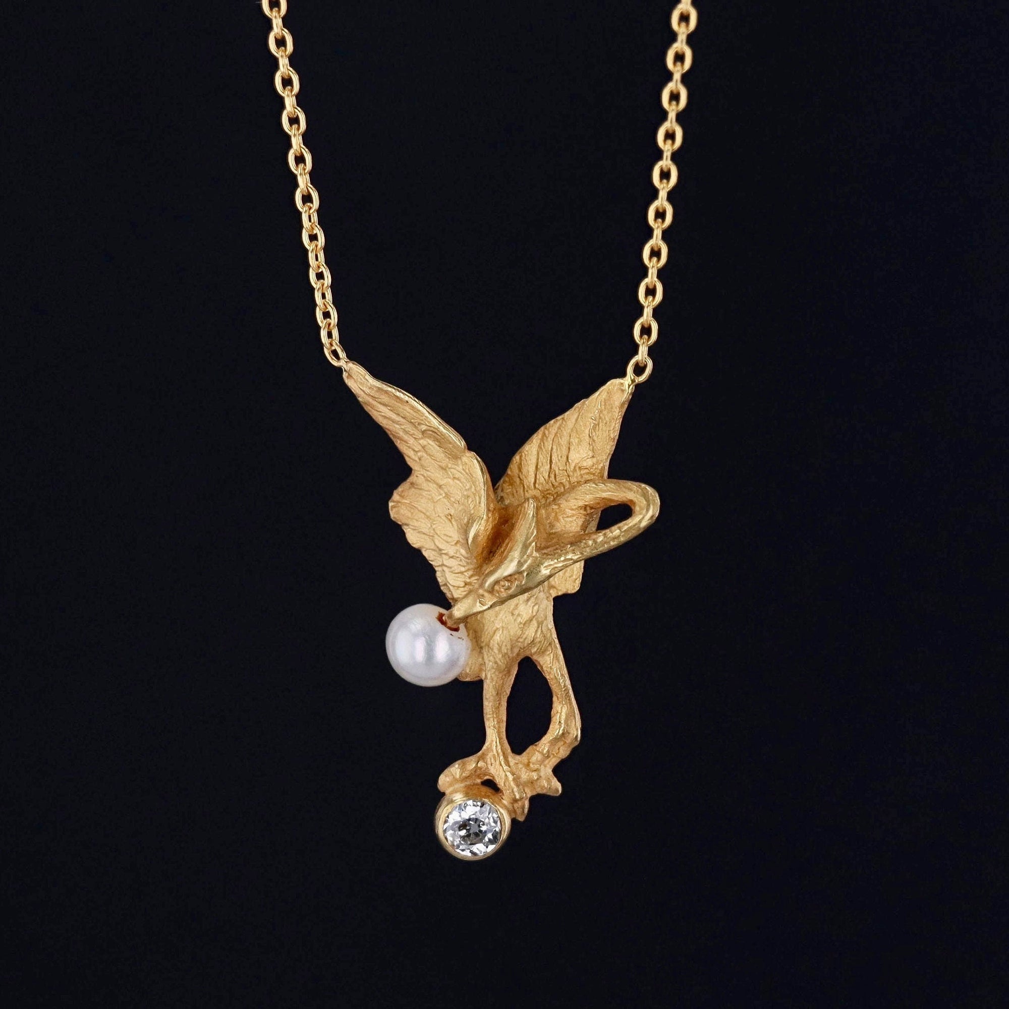 Antique Crane Necklace | 14k Gold Crane on 18k Gold Chain 