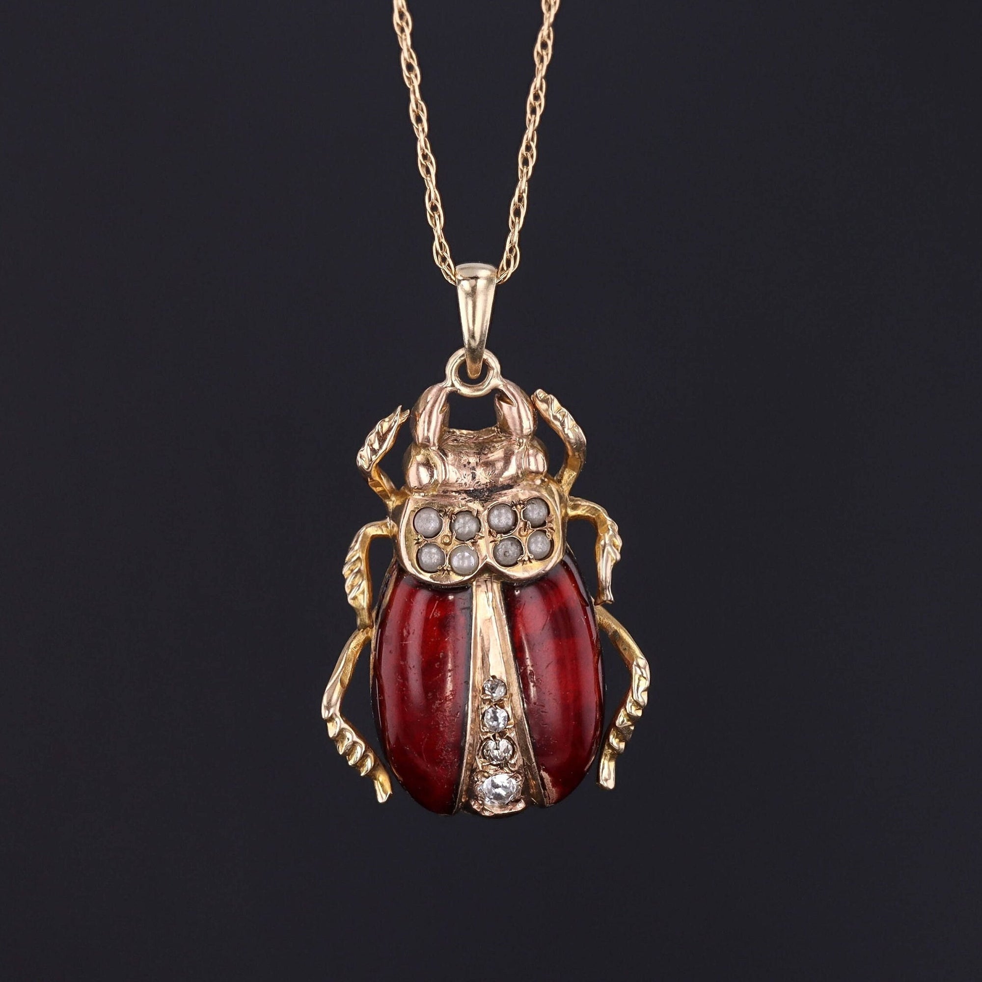 Antique Beetle Pendant | 10k Gold & Enamel Pendant on Optional 14k Chain 