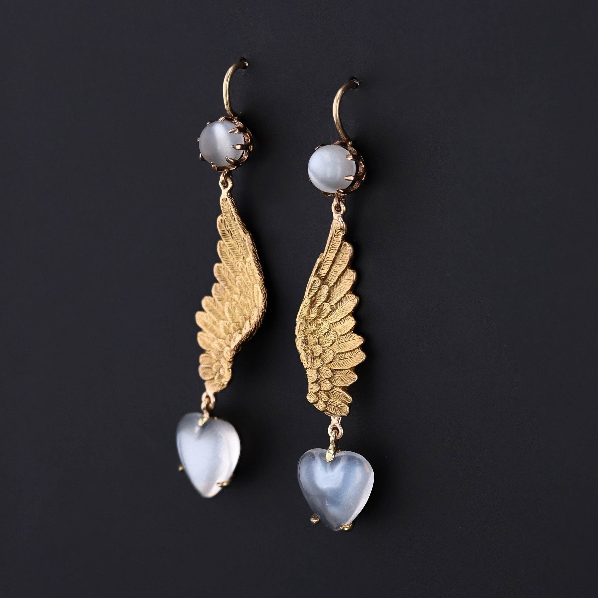 14k Gold Enamel Wing Earrings | Antique Pin Conversion Earrings 