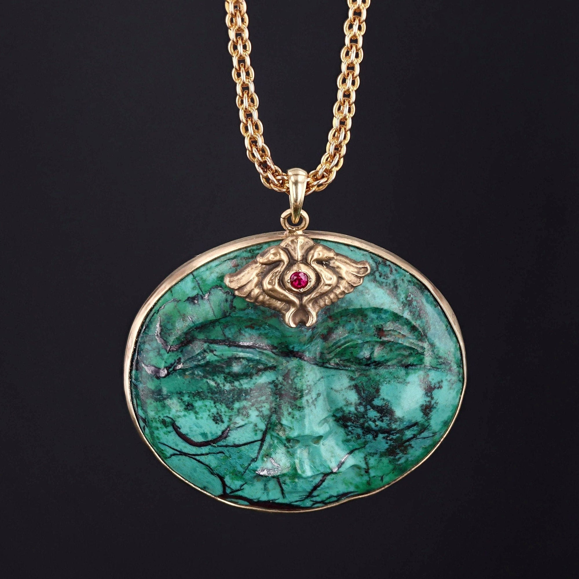 Carved Chrysocolla Face Pendant | 14k Gold Pendant with Optional 14k Chain