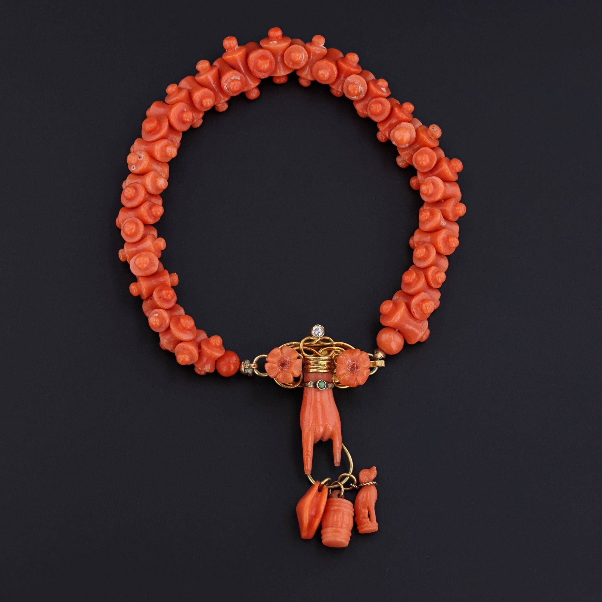 Antique Coral Bracelet with Figa and Charms | Victorian Carved Coral Bracelet 