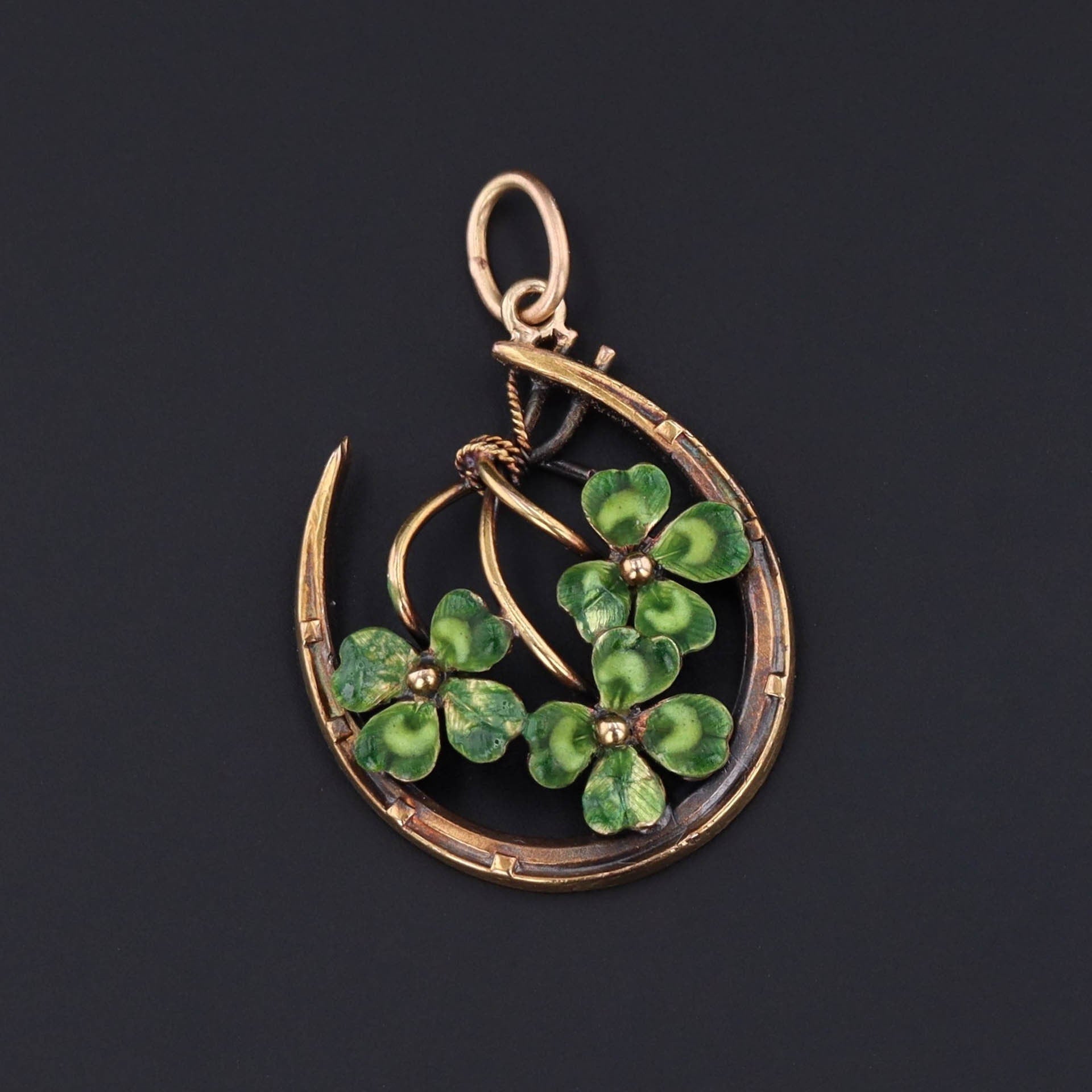 Antique Clovers Pendant | Enamel Clovers & Horseshoe Pendant 