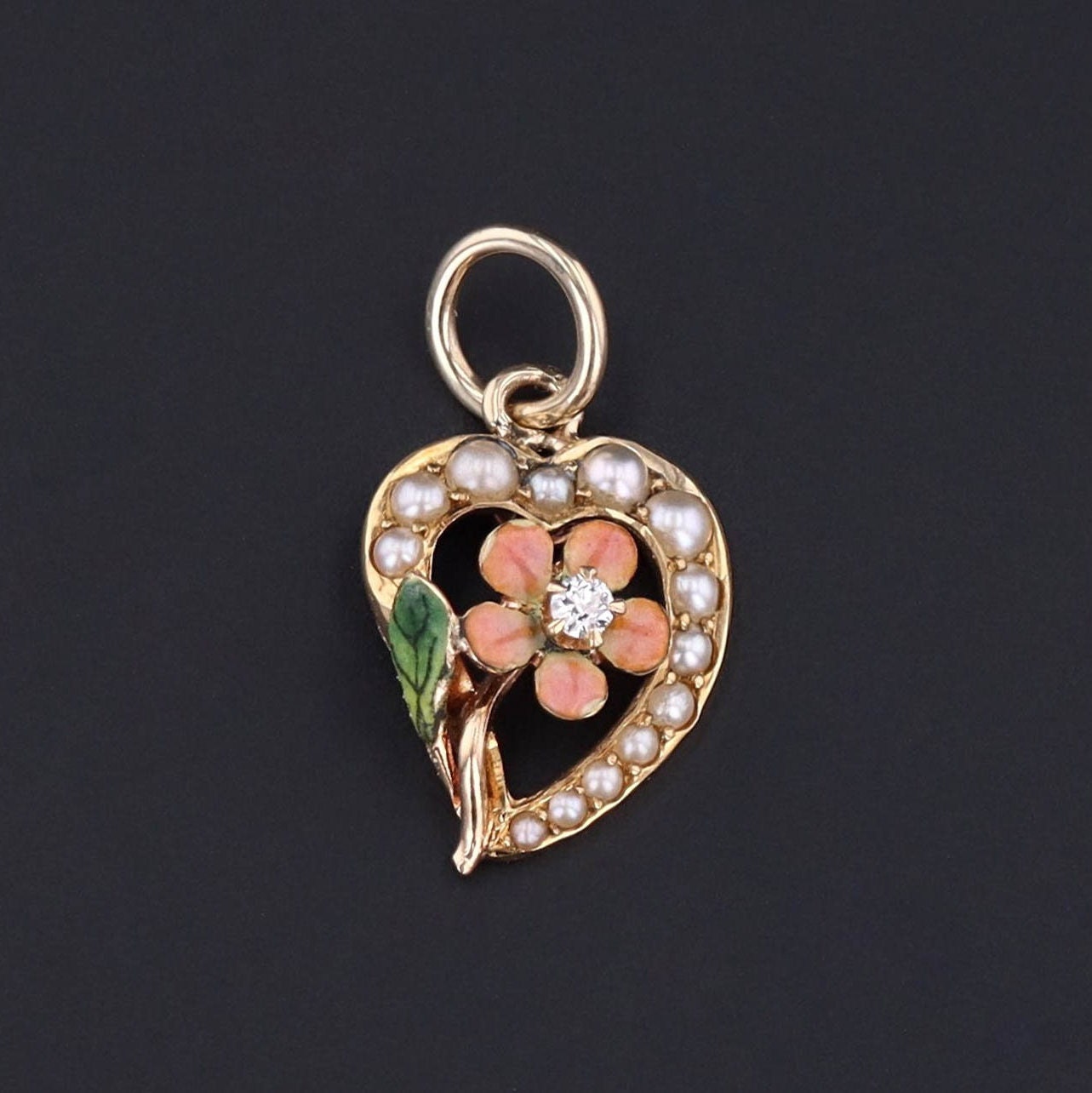 Pink Enamel Flower & Heart Charm | 10k Gold Charm 