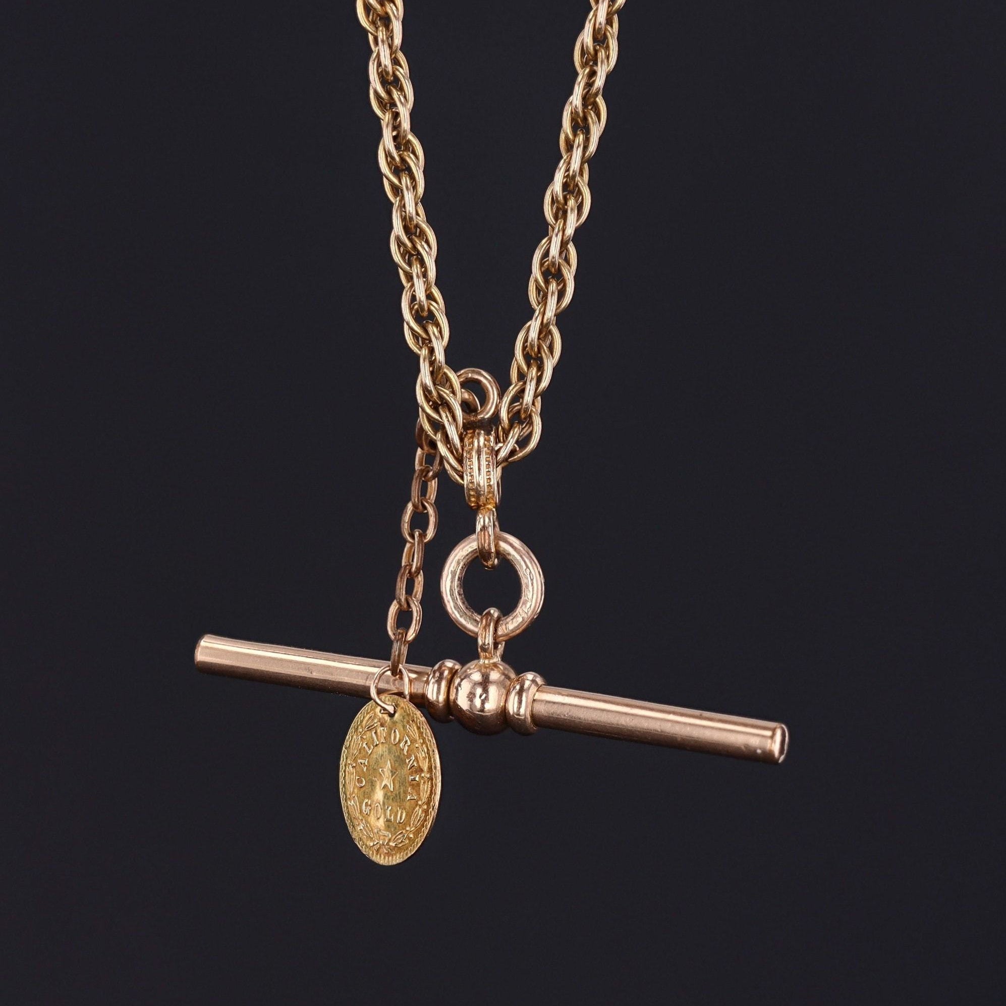 Antique Gold Watch Chain with California Gold Coin | 14k Gold Necklace 
