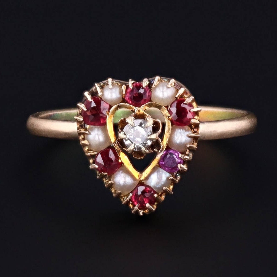 Antique Heart Ring | Red Glass Diamond and Pearl Ring 