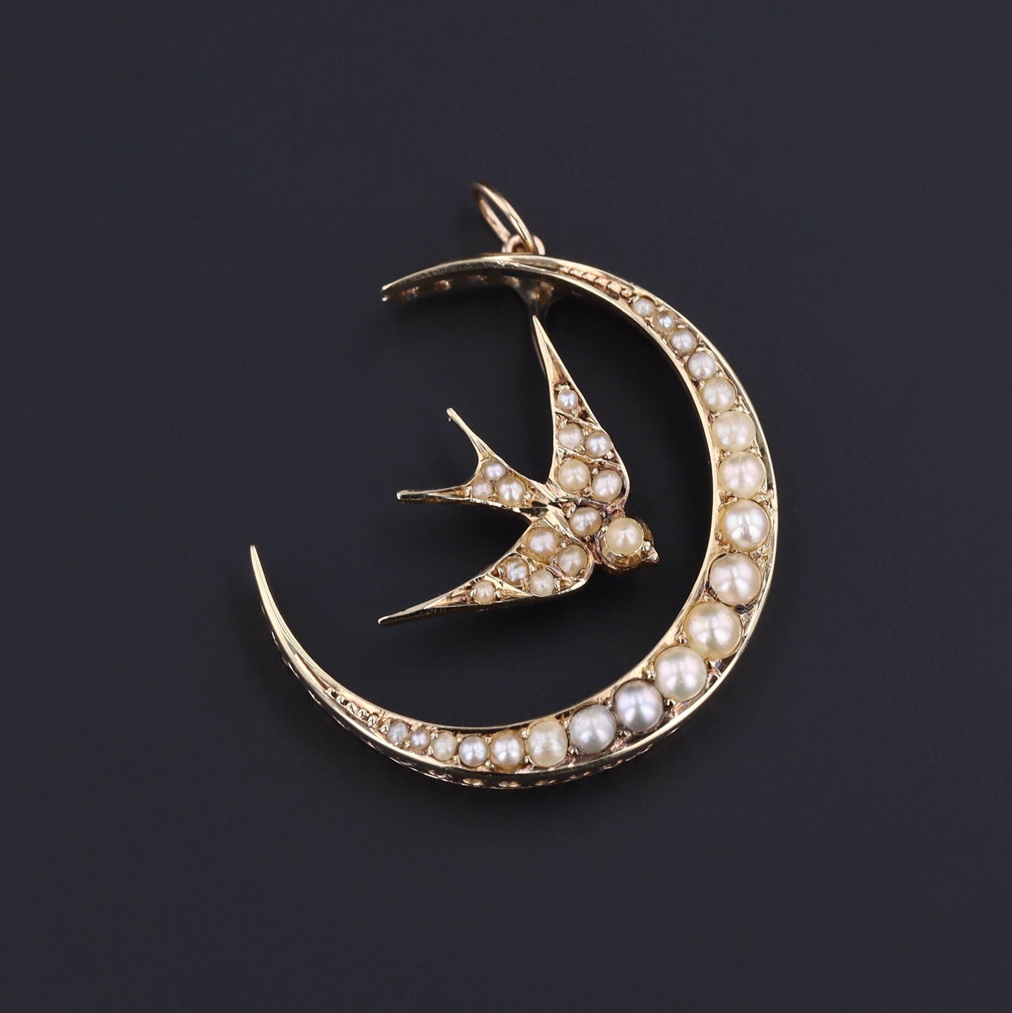 Swallow & Crescent Moon Pendant | Antique Pin Conversion 