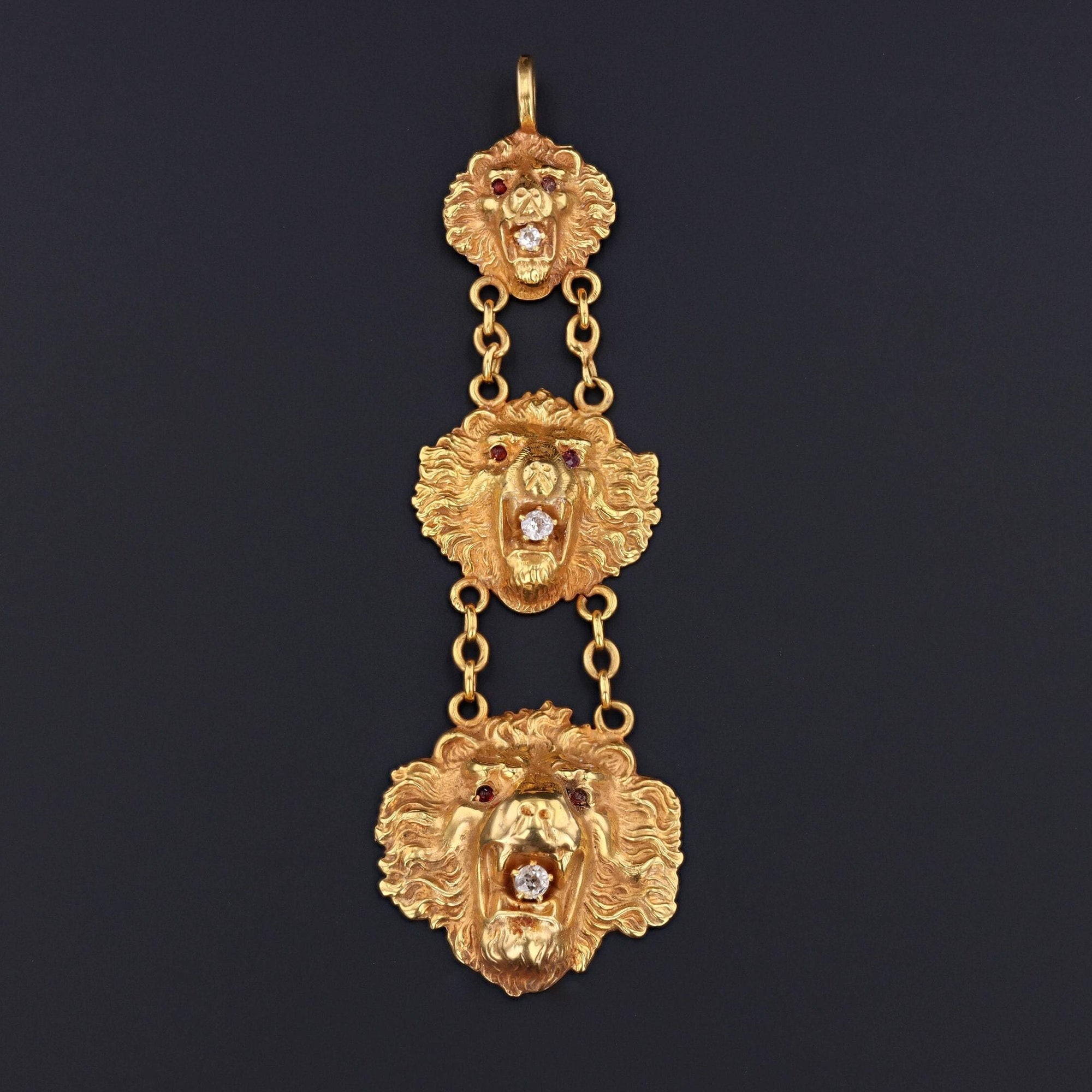 Antique Lion Pendant | 10k Gold & Diamond Lion Pendant 