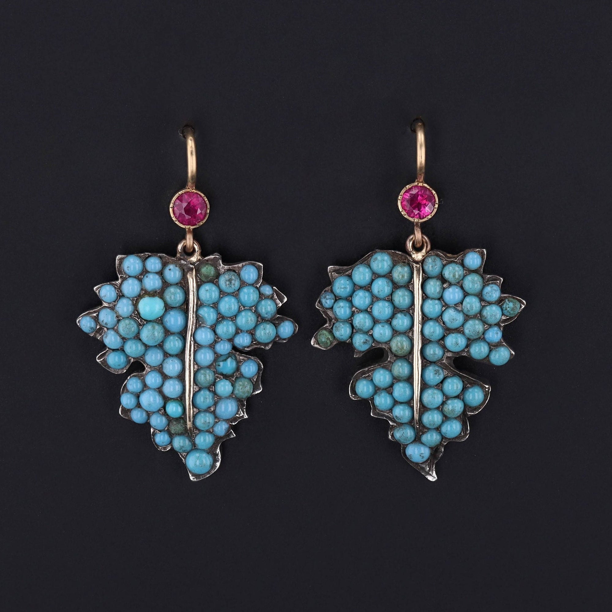 Antique Turquoise Leaf Earrings with Ruby Accents | Turquoise Earrings 
