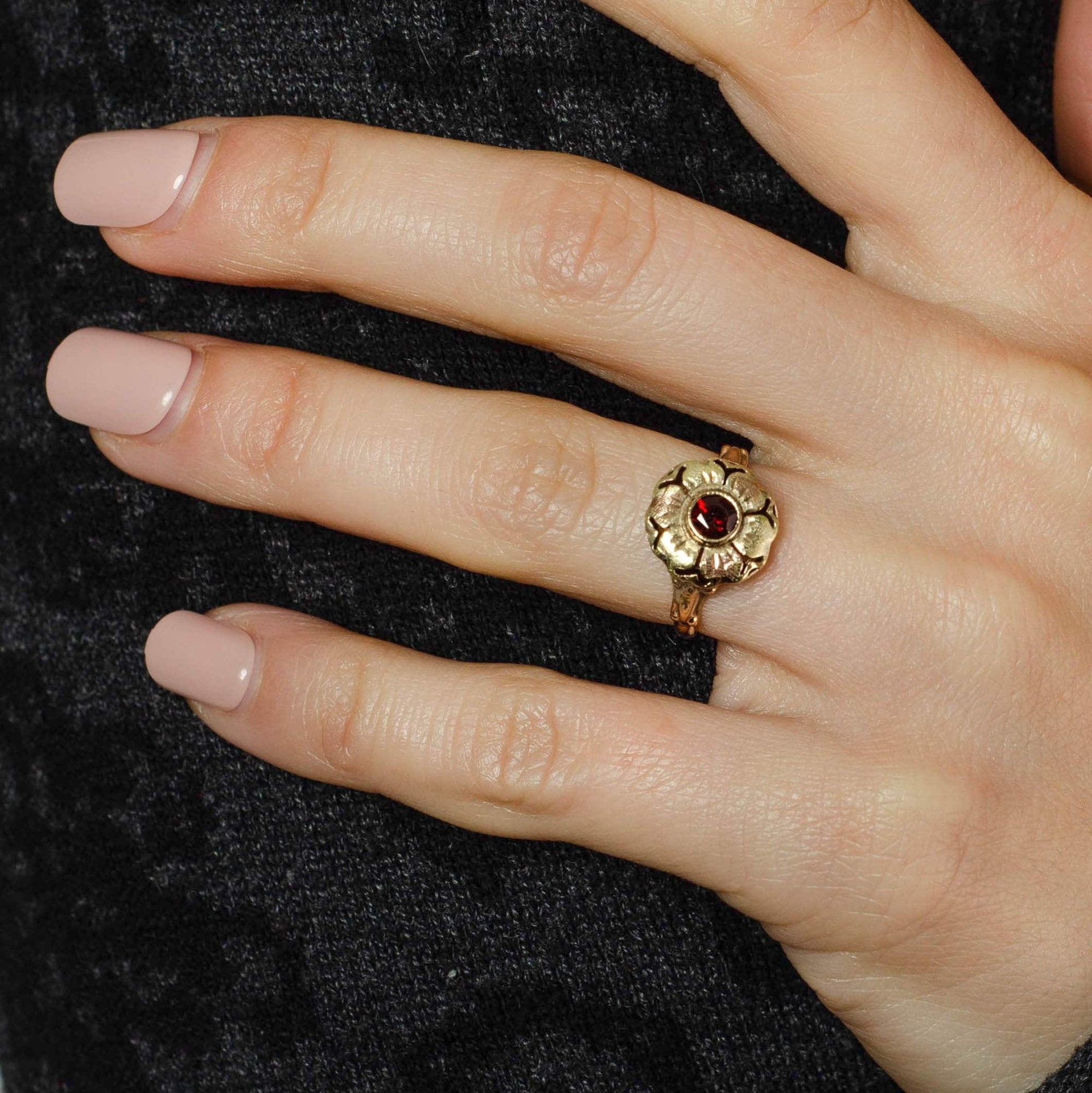 Garnet Flower Ring | Gold Flower Ring 