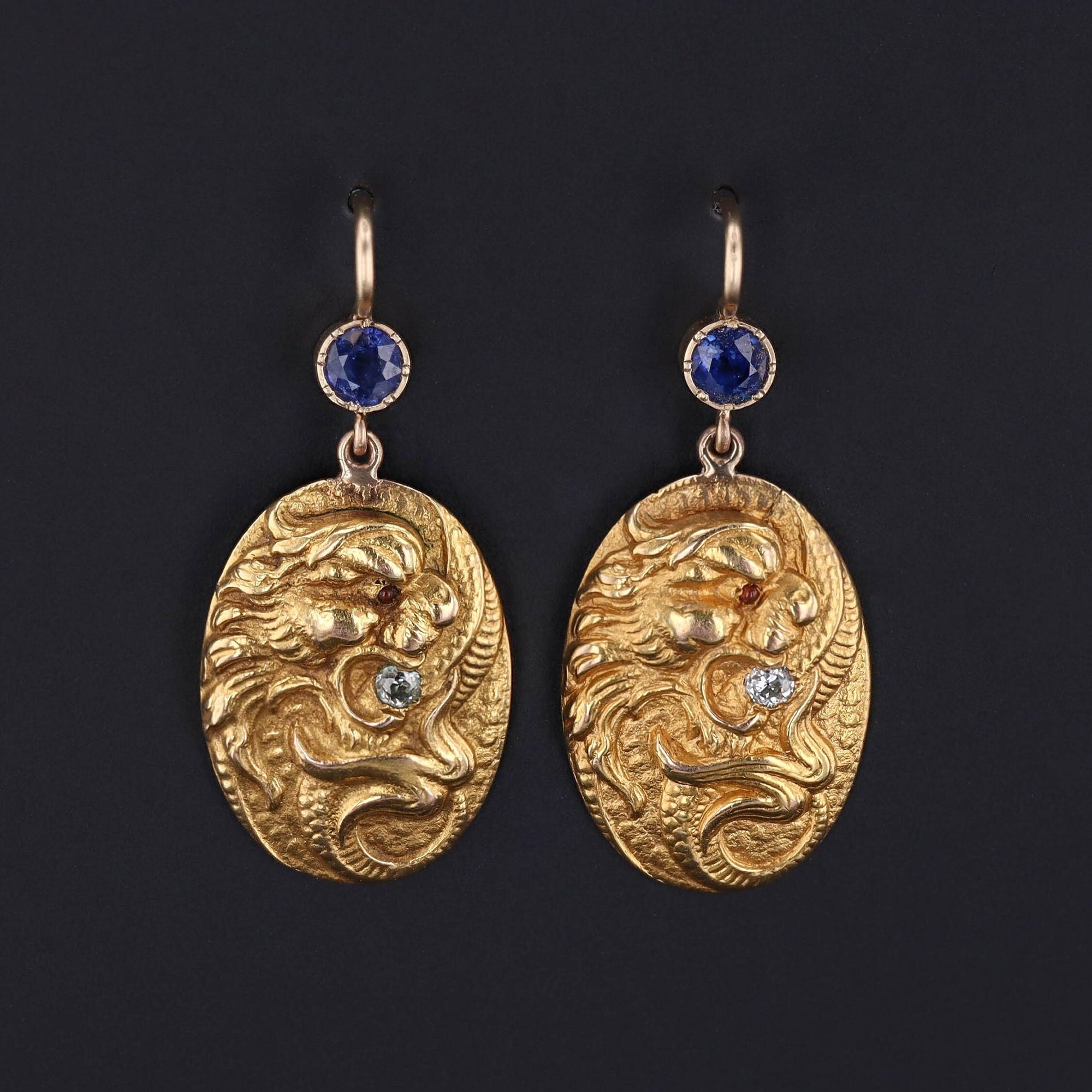 Antique 14k Gold Dragon Earrings | Art Nouveau Earrings 