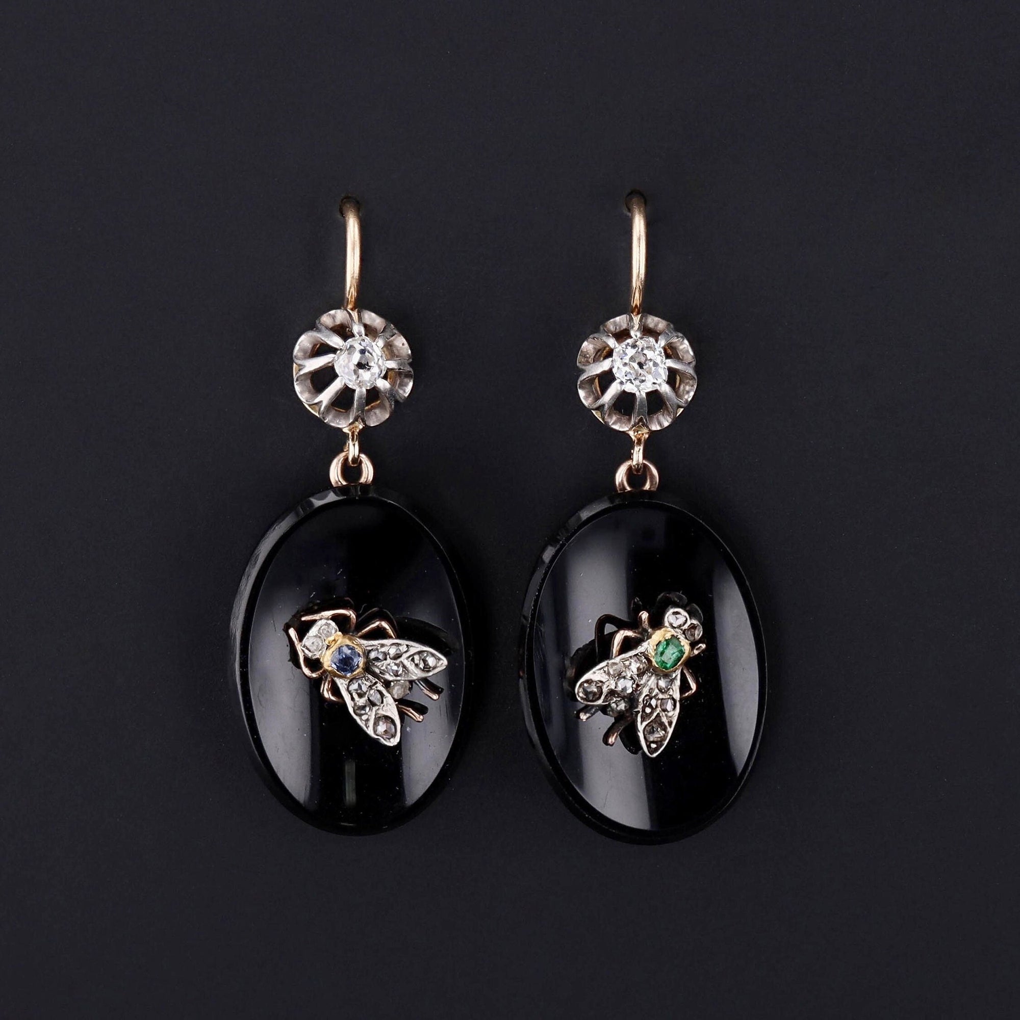 Onyx Insect Earrings | Diamond Emerald & Onyx Bug Earrings 