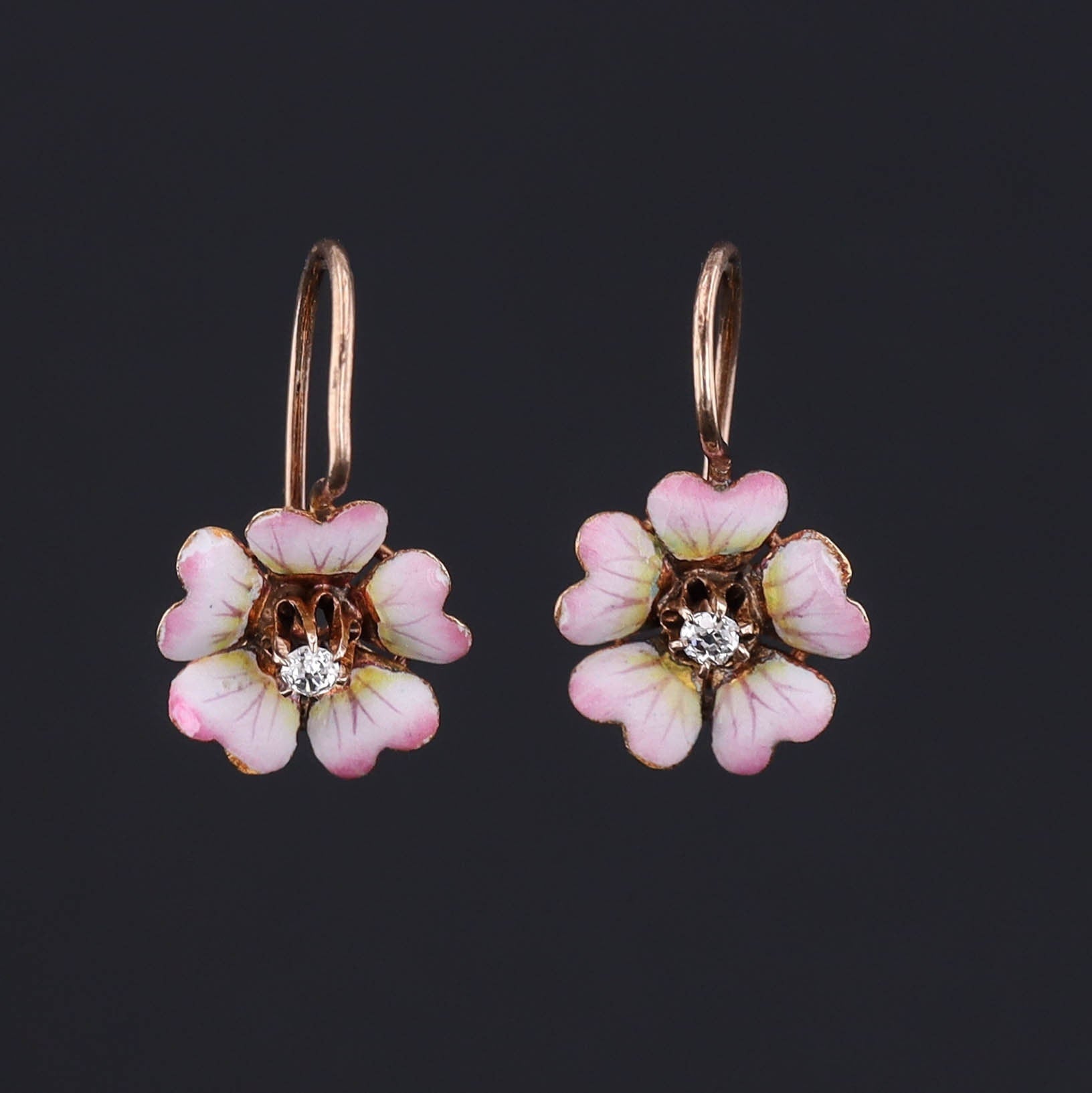 Antique Diamond Flower Earrings | Pink Enamel Flower Earrings 