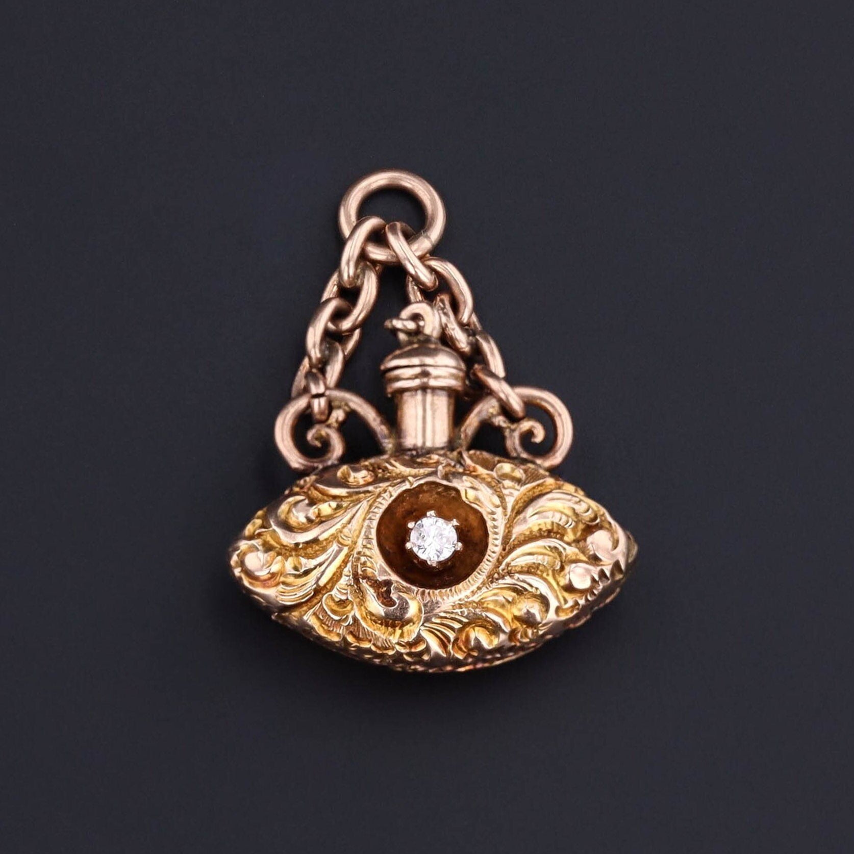 Antique Perfume Charm or Pendant | 14k Gold & Diamond Perfume Charm 