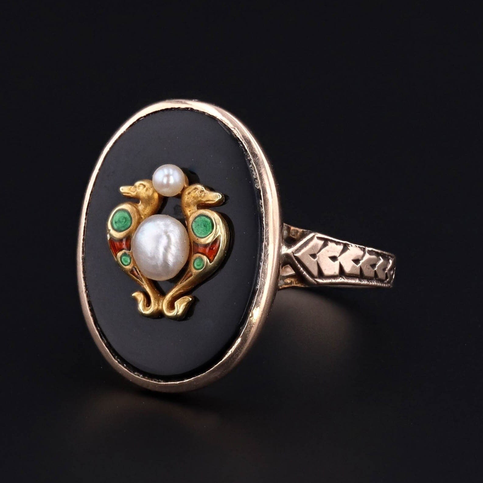 Onyx Enamel & Pearl Double Dragon Ring | 10k Gold Ring 