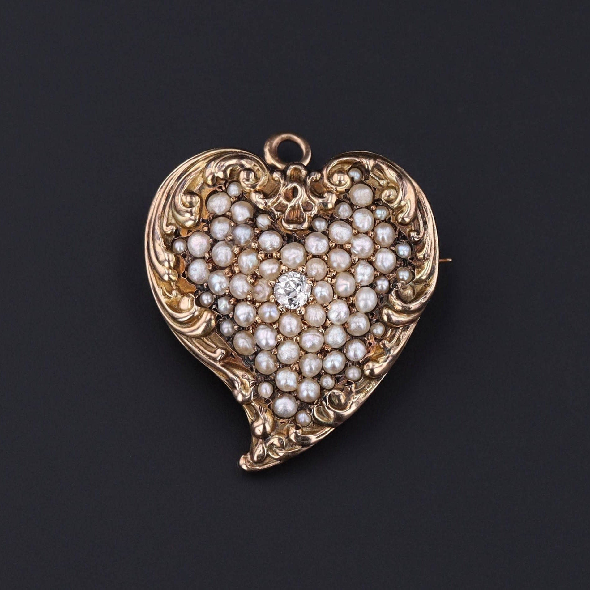 Antique Witch's Heart Pendant or Brooch | Pearl & Diamond Heart 
