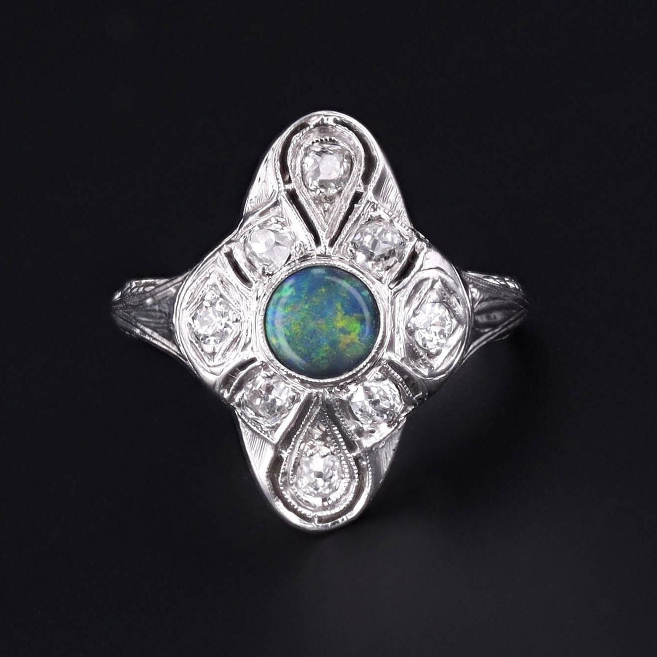 Antique Opal & Diamond Ring | Antique Black Opal Ring 
