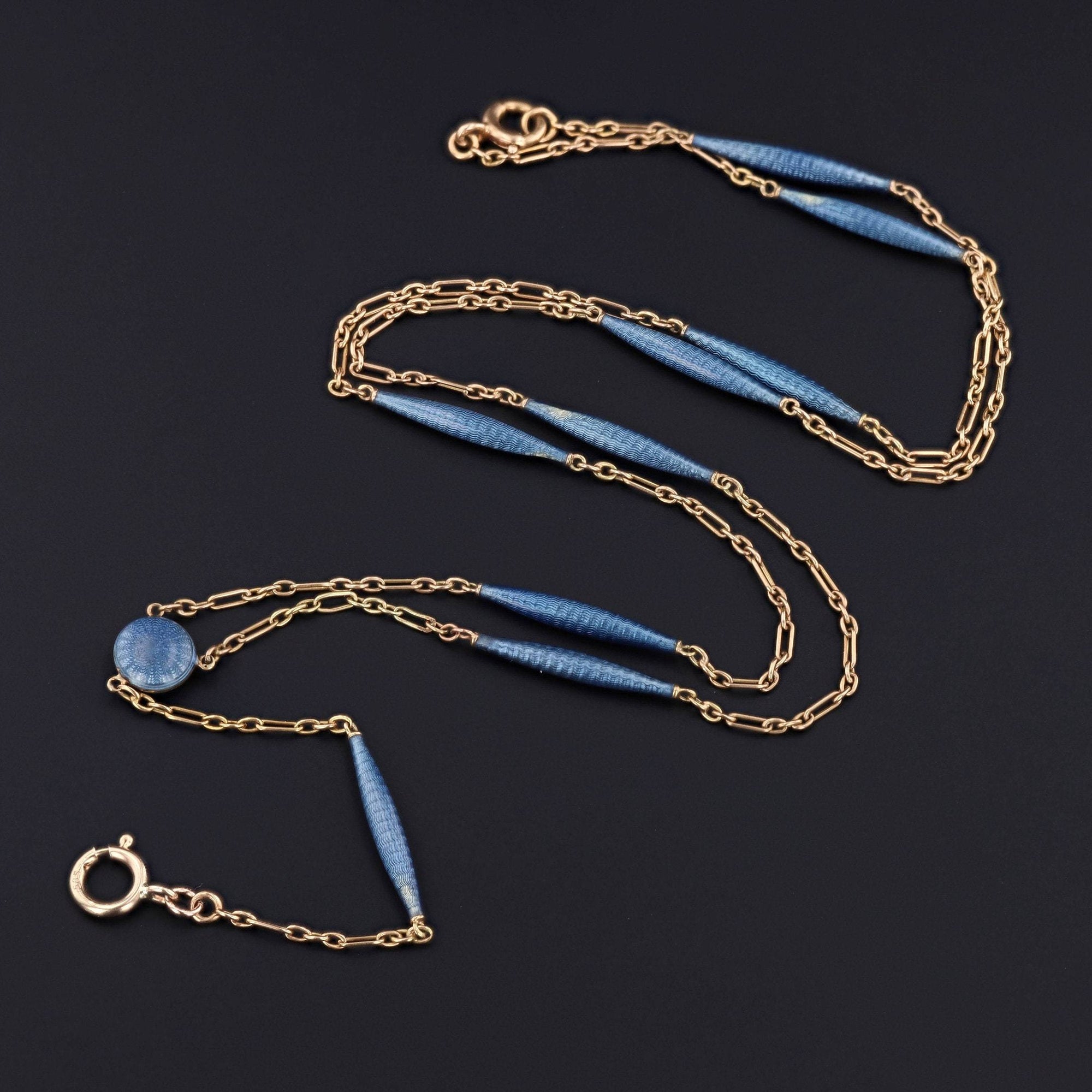 Antique Enamel Watch Chain | 14k Gold & Blue Enamel Chain 