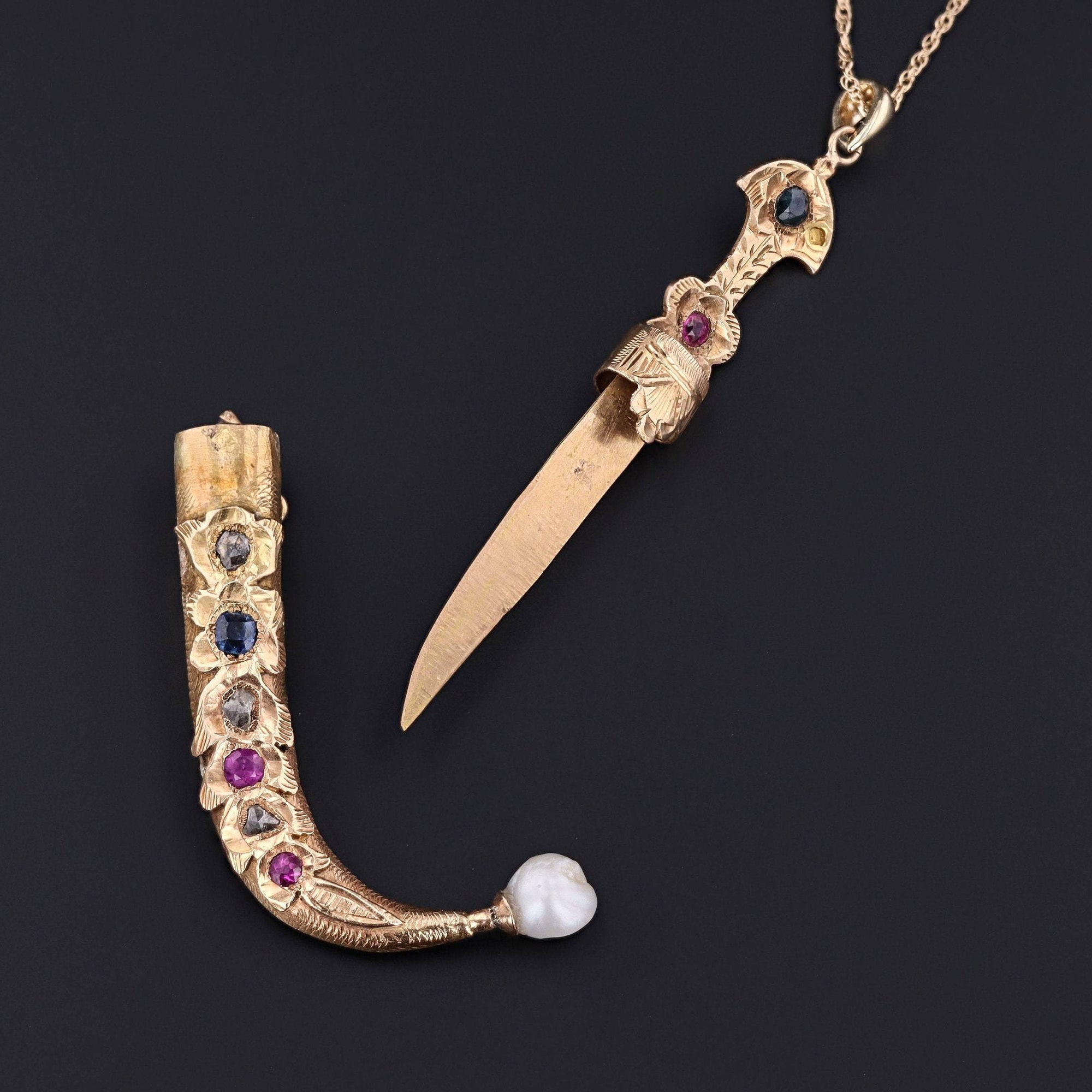 Antique Dagger or Sword Pendant | 18k Gold Ruby Diamond & Sapphire Sword in Sheath 