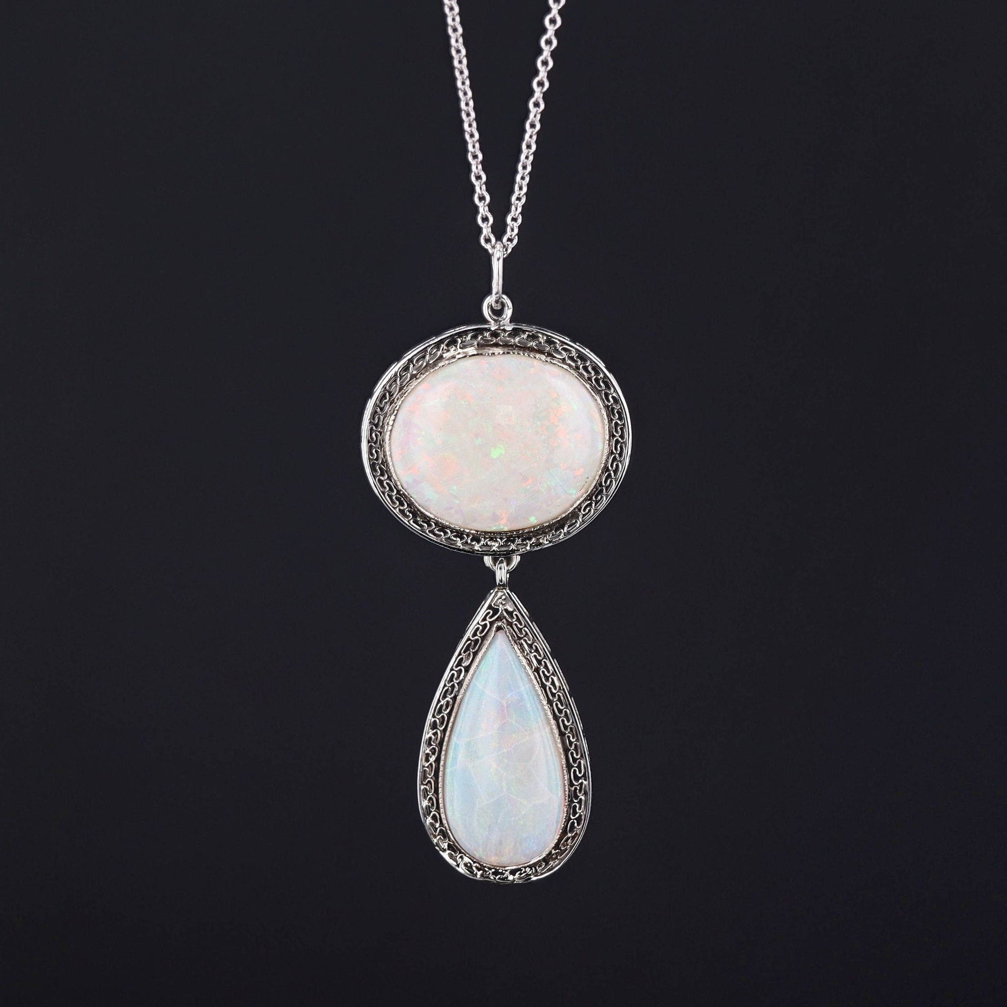 Opal 18k White Gold Pendant | Vintage 14k White Gold Necklace 