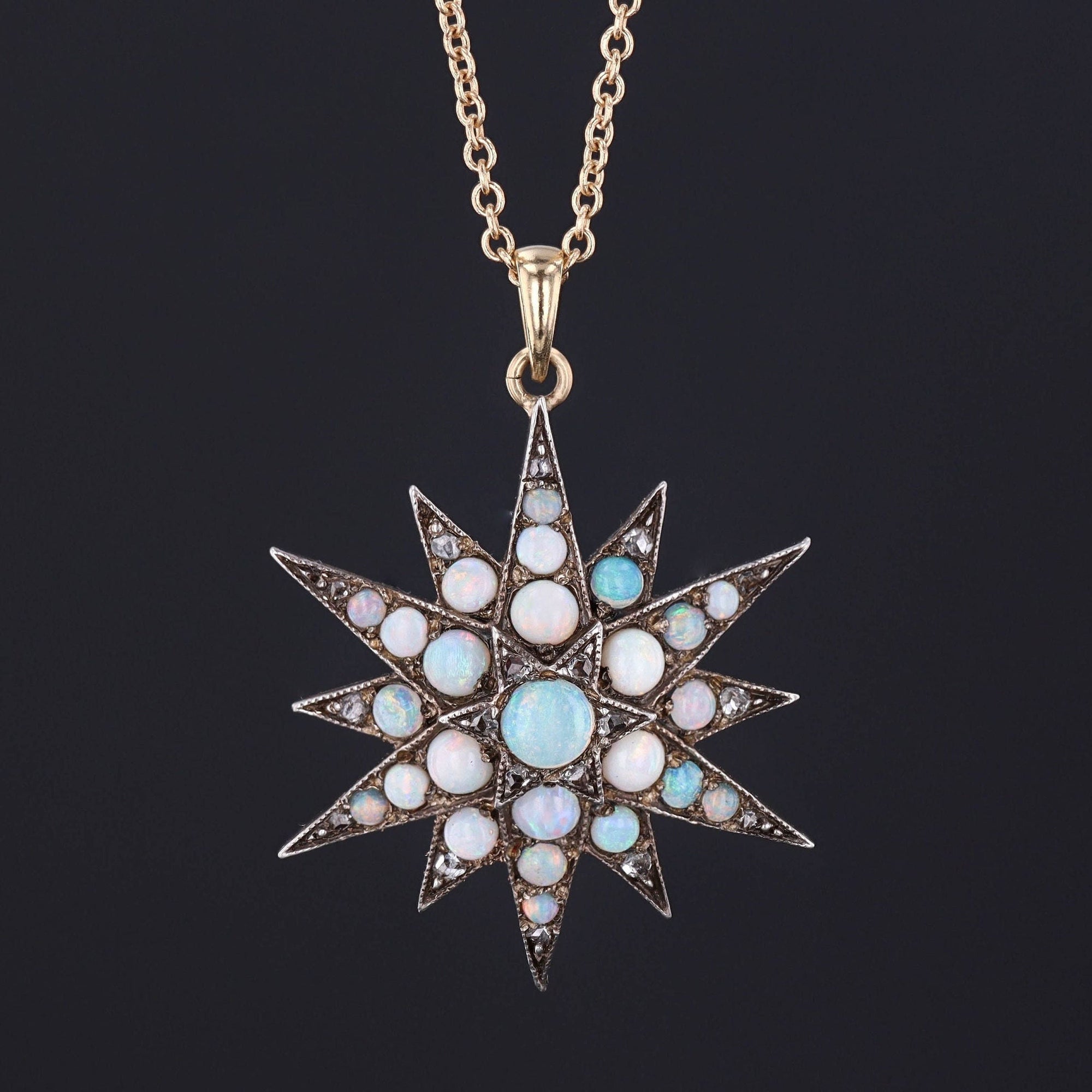 Antique Opal & Diamond Star Pendant | Silver Topped 14k Gold Star Pendant on Optional 14k Chain 