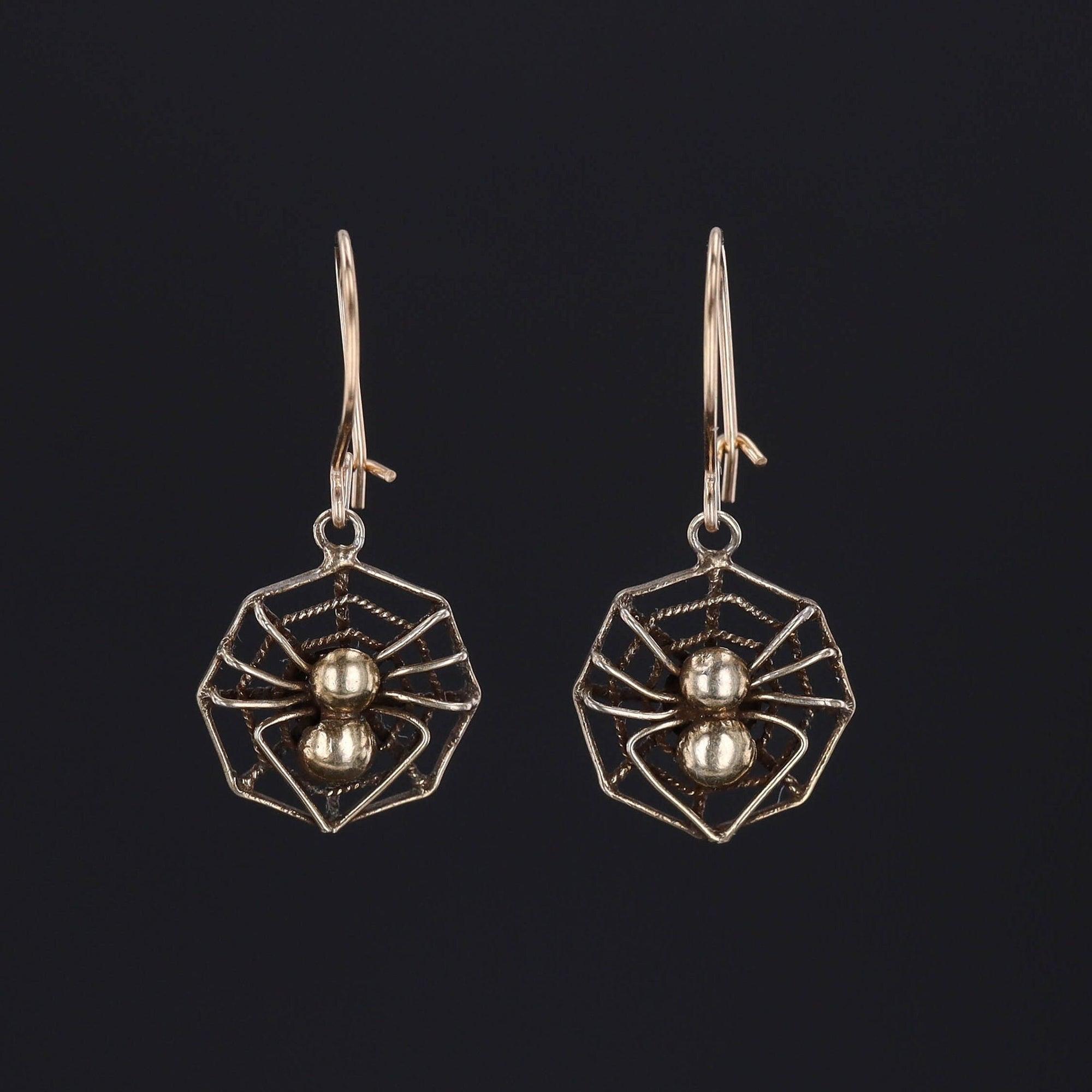 14k Gold Spider Earrings | Vintage Spider on Web Earrings 
