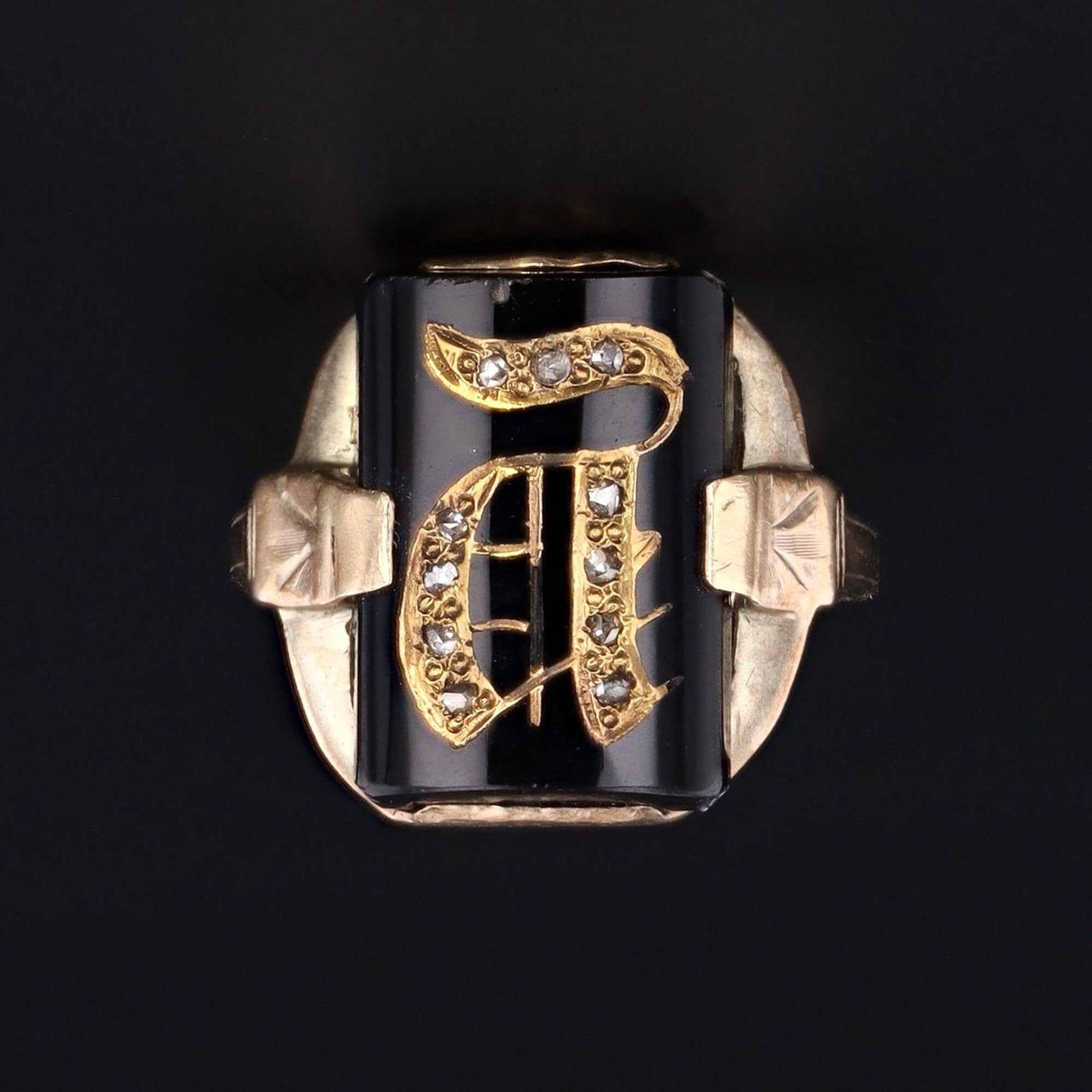 10k Gold Letter A Signet Ring | Antique Onyx & Diamond Initial A Ring 